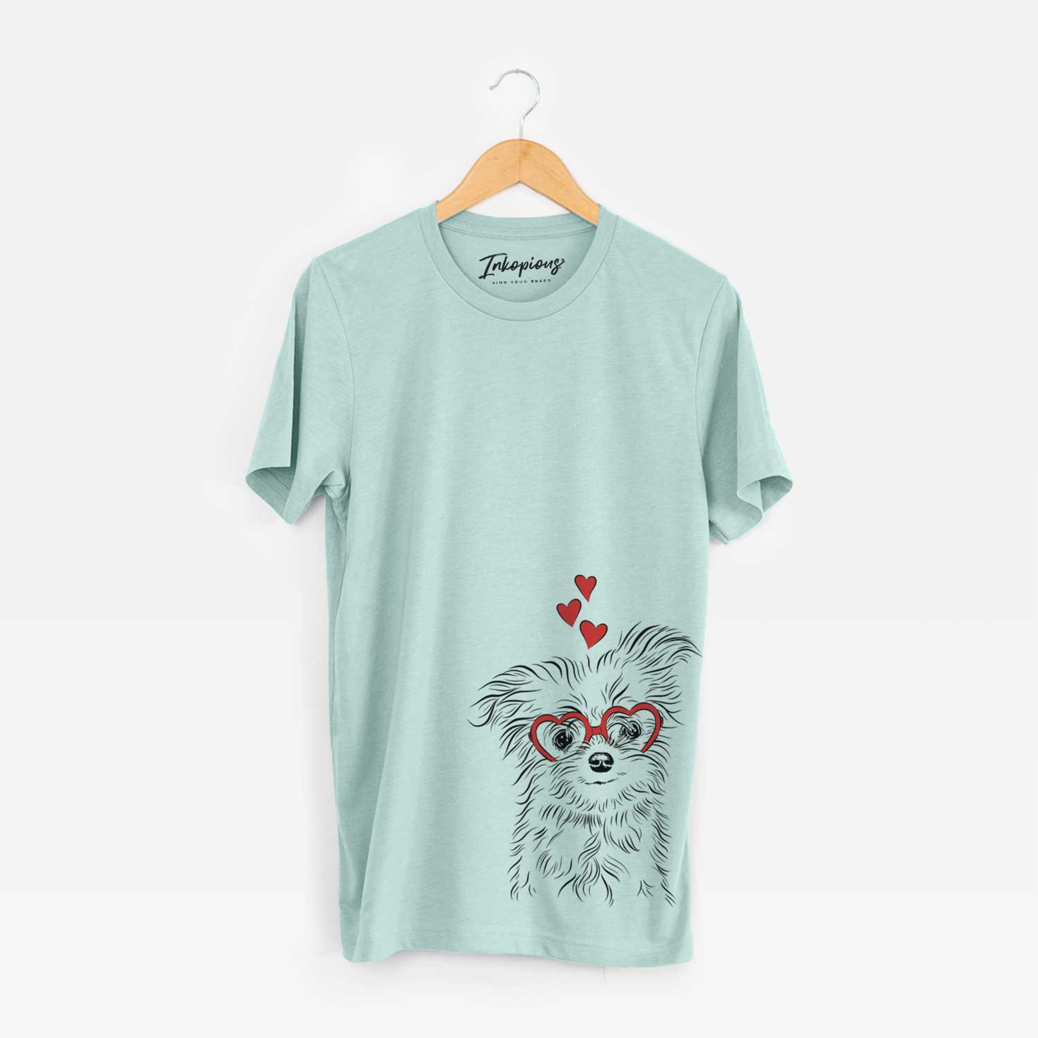 Hand-drawn sketch of Mr. Gucci Poochi the Maltese wearing heart-shaped glasses on a Heather Sage Unisex crewneck