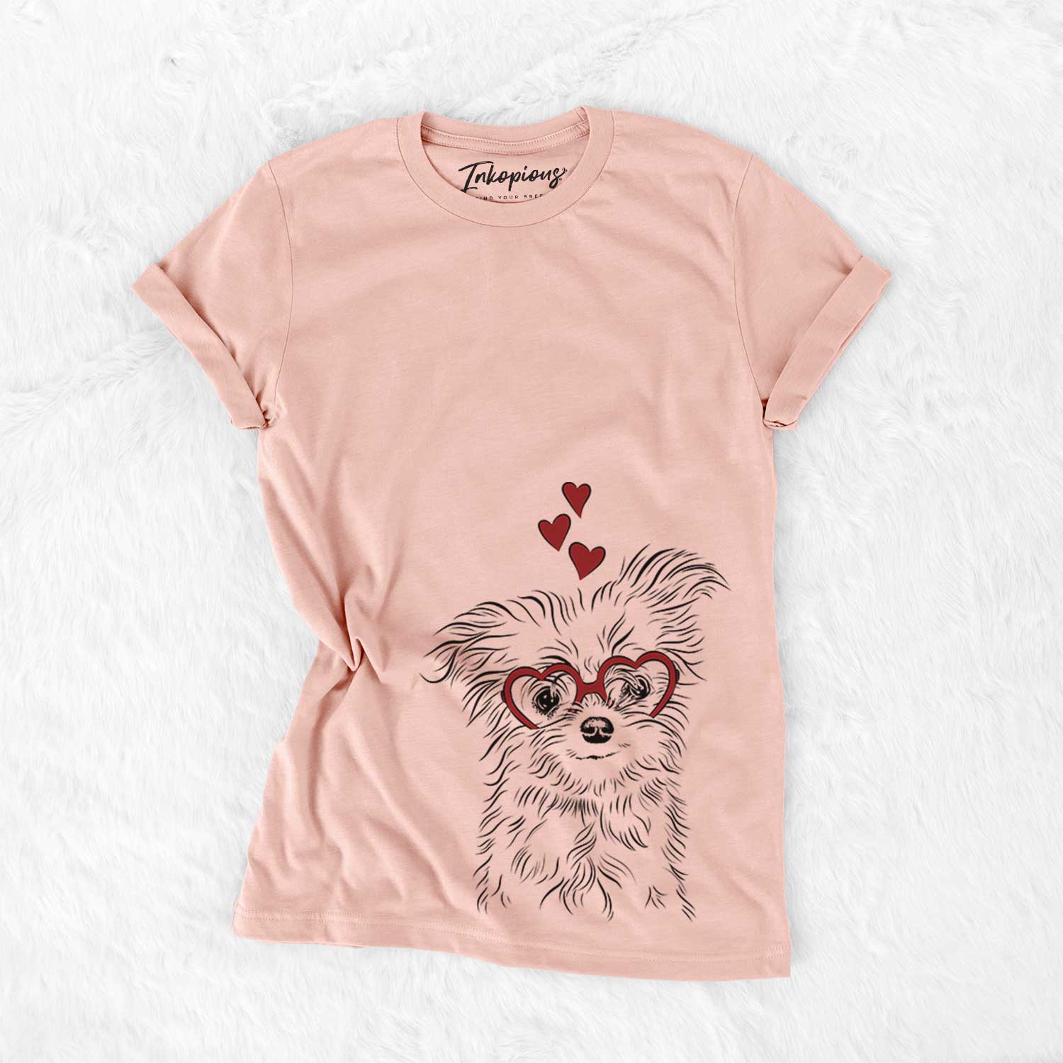 Hand-drawn sketch of Mr. Gucci Poochie the Maltese wearing heart-shaped glasses on a Peach Bella Canvas Unisex Crewneck