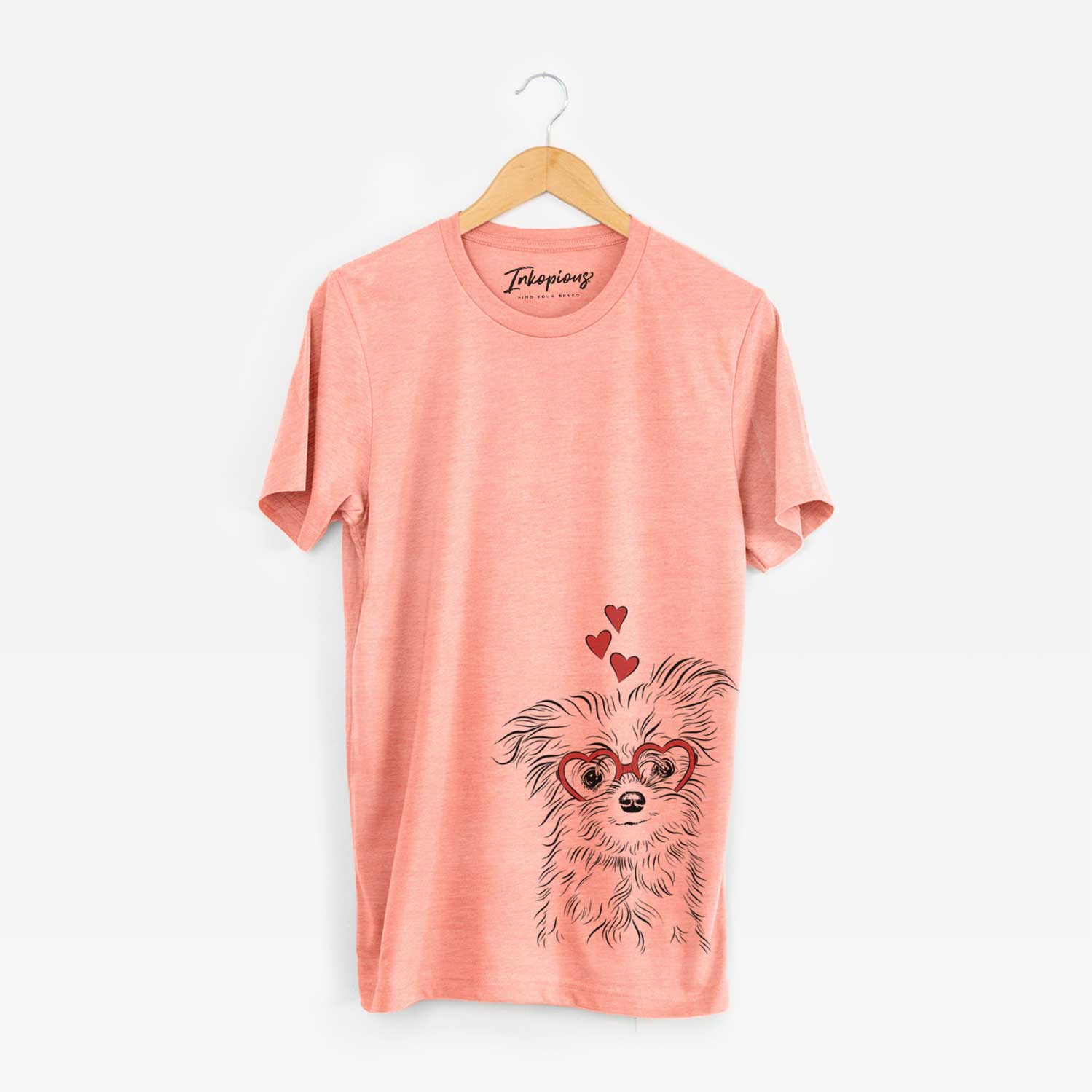 Hand-drawn sketch of Mr. Gucci Poochi the Maltese wearing heart-shaped glasses on a Sunset Unisex crewneck
