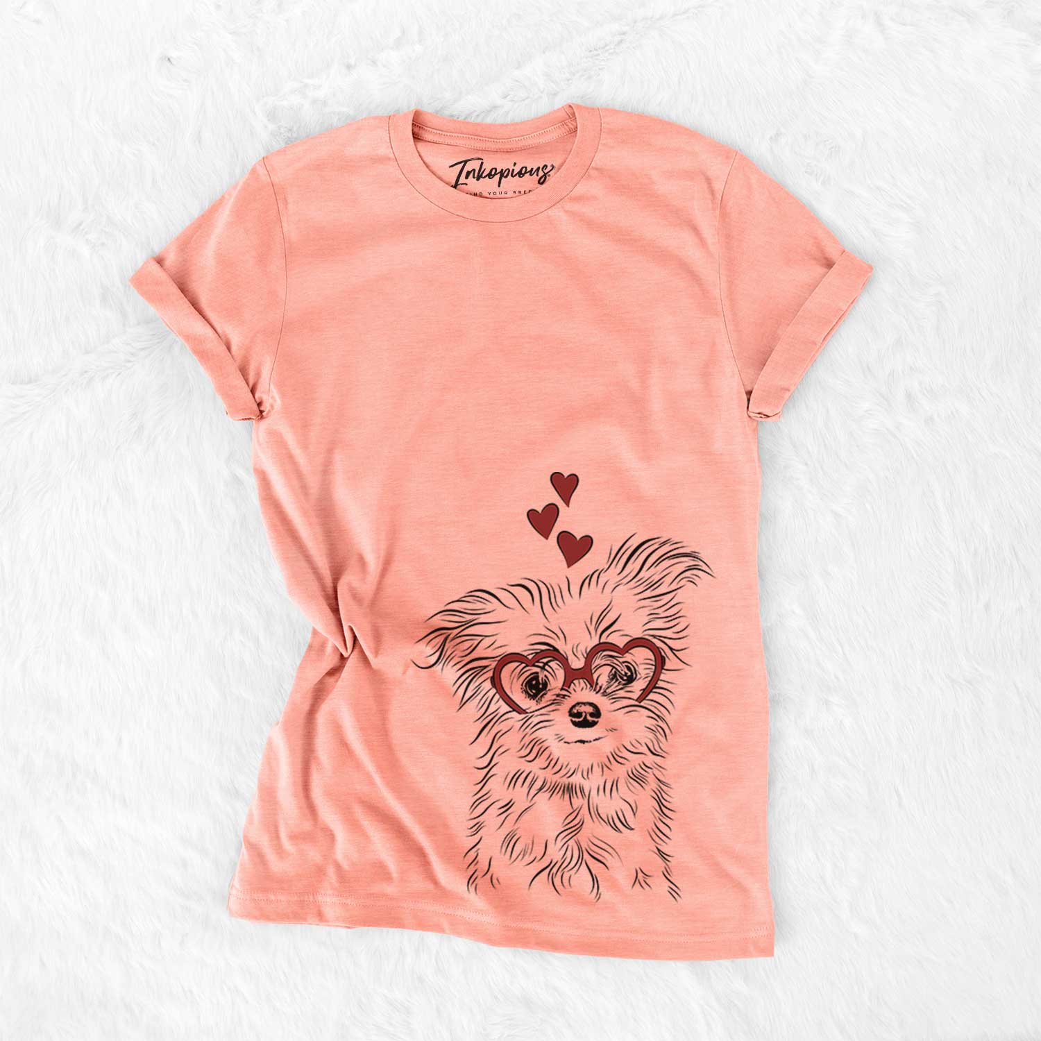 Hand-drawn sketch of Mr. Gucci Poochie the Maltese wearing heart-shaped glasses on a Sunset Bella Canvas Unisex Crewneck