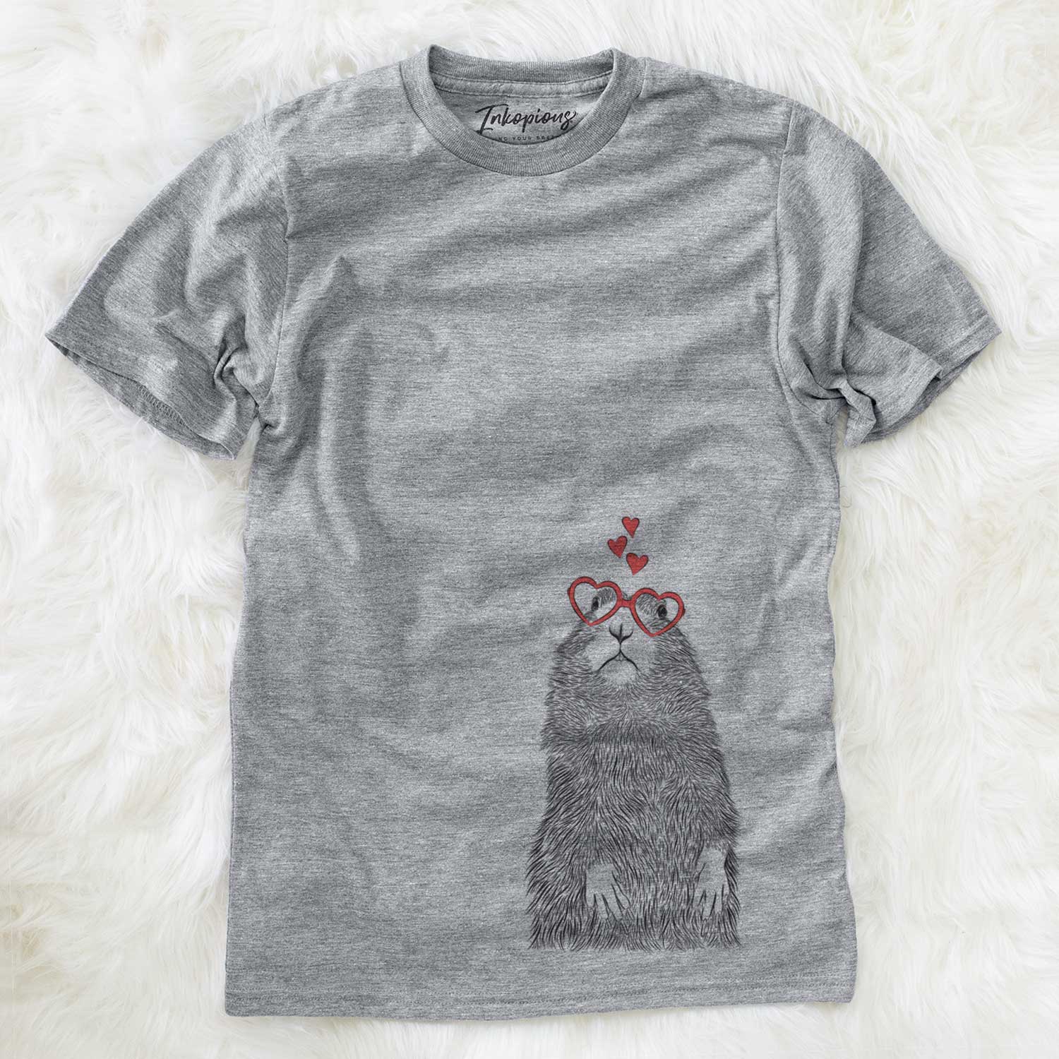 Hand-drawn sketch of Mr. Otis the Prairie Dog wearing heart-shaped glasses on a Grey Unisex crewneck