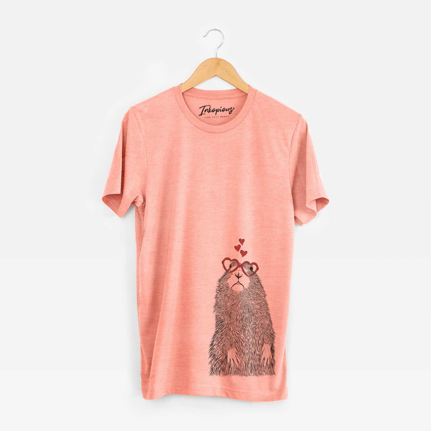 Hand-drawn sketch of Mr. Otis the Prairie Dog wearing heart-shaped glasses on a Sunset Unisex crewneck