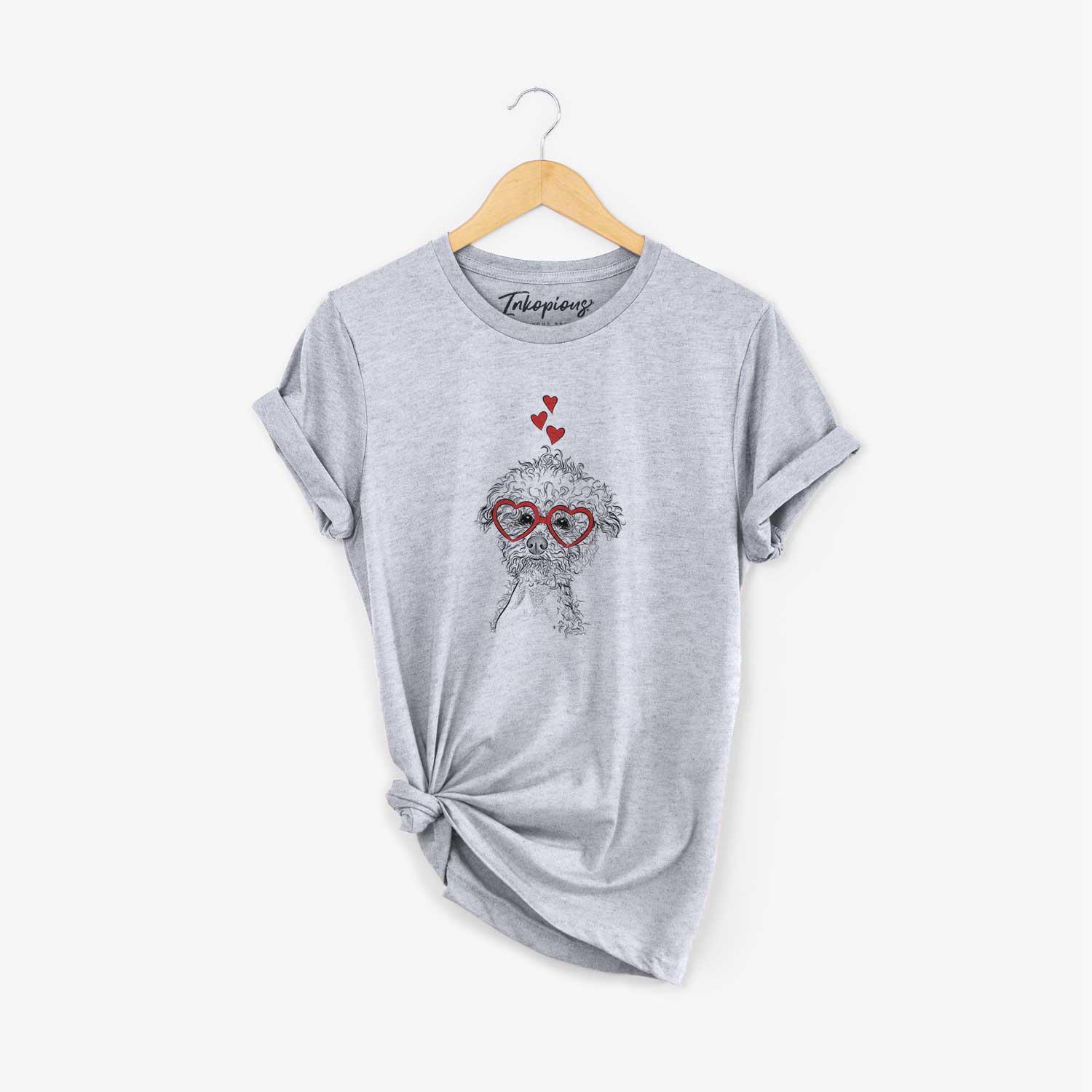 Hand-drawn sketch of Muffin the Poodle wearing heart-shaped glasses on a Grey Unisex crewneck