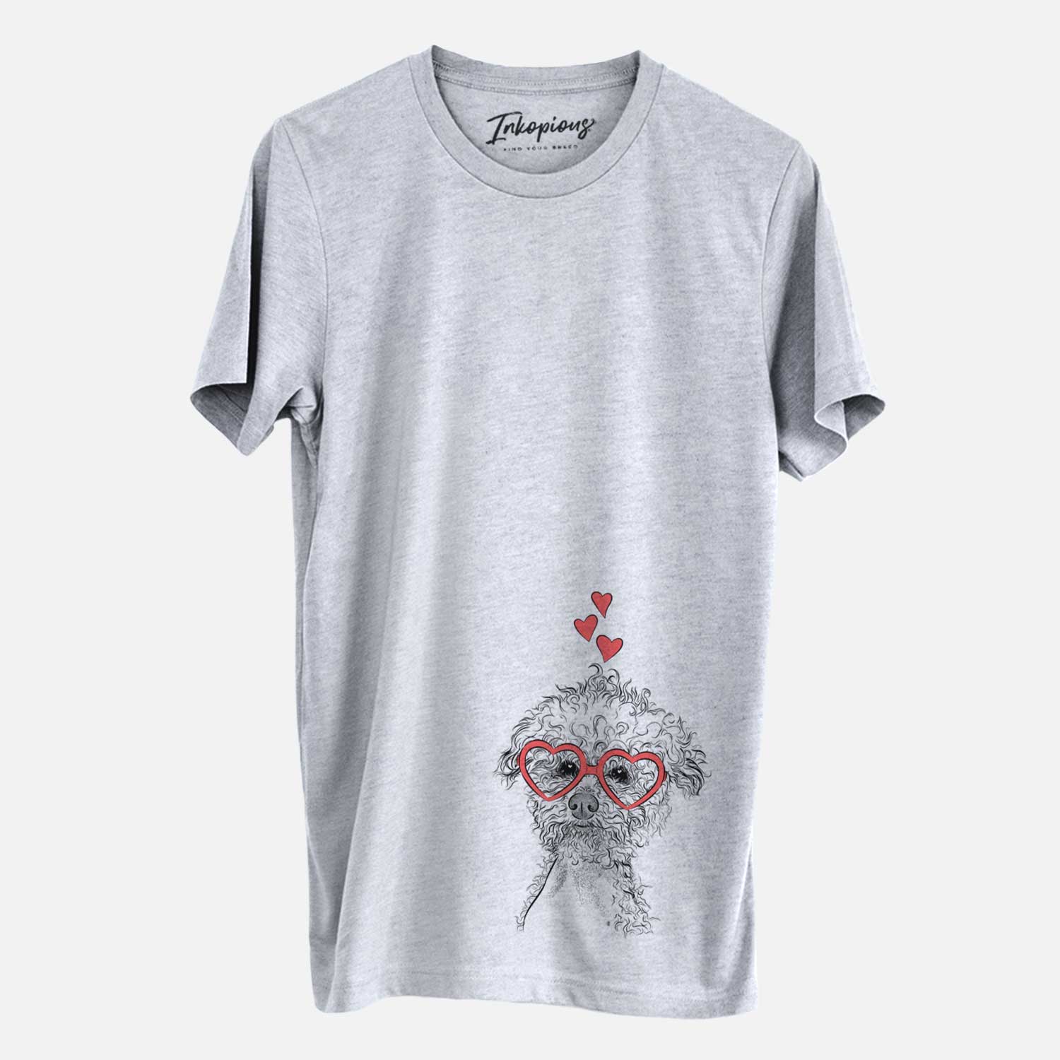 Hand-drawn sketch of Muffin the Poodle wearing heart-shaped glasses on a Grey Unisex crewneck