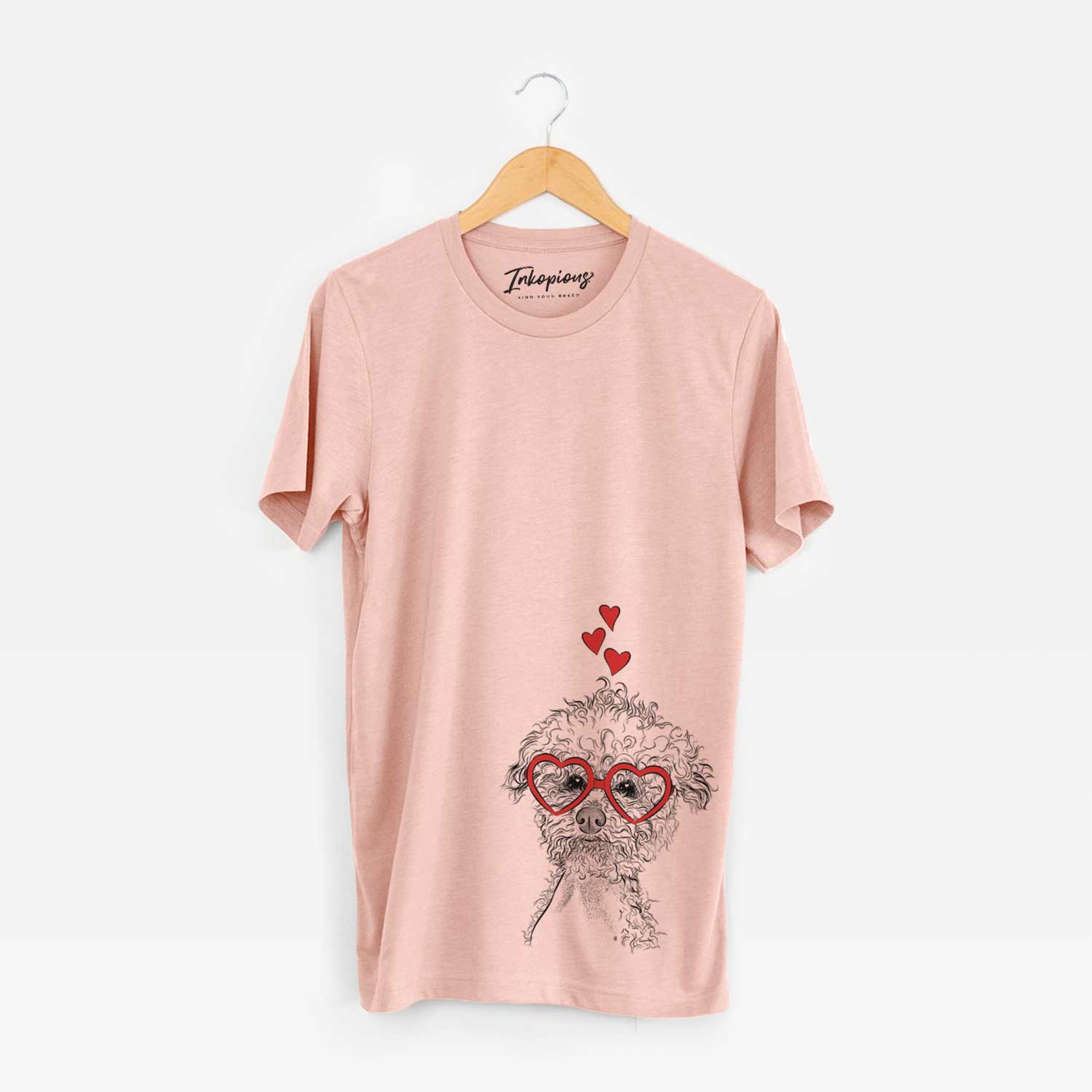 Hand-drawn sketch of Muffin the Poodle wearing heart-shaped glasses on a Peach Unisex crewneck