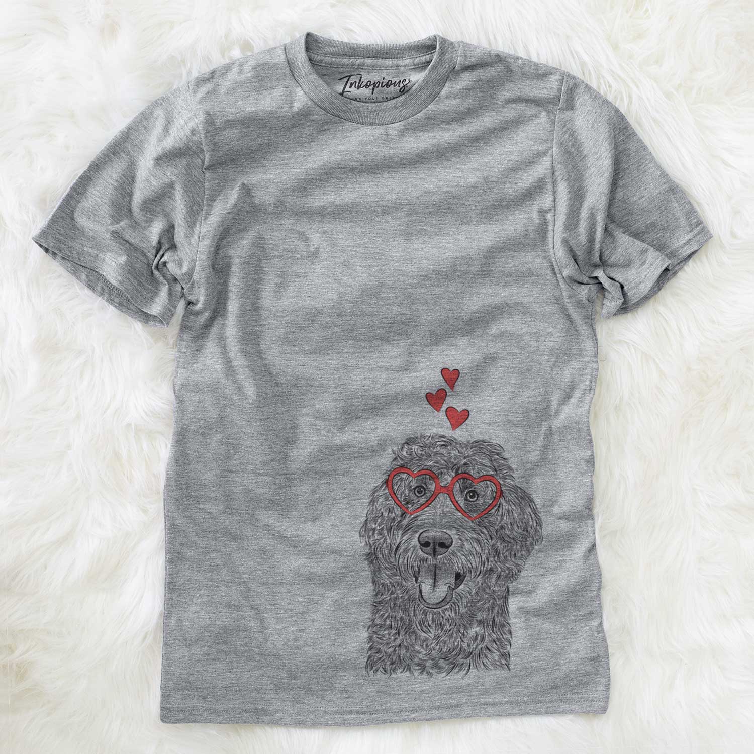 Hand-drawn sketch of Murr Dog the Labradoodle wearing heart-shaped glasses on a Grey Unisex crewneck