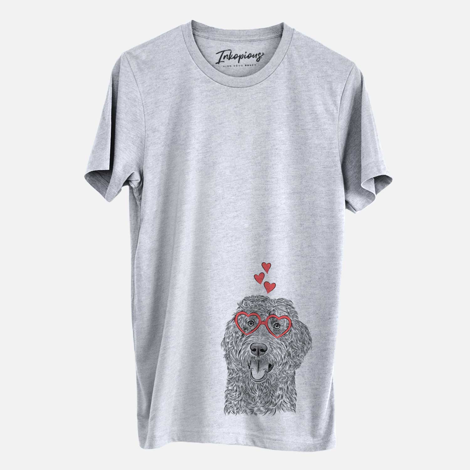 Hand-drawn sketch of Murr Dog the Labradoodle wearing heart-shaped glasses on a Grey Unisex crewneck