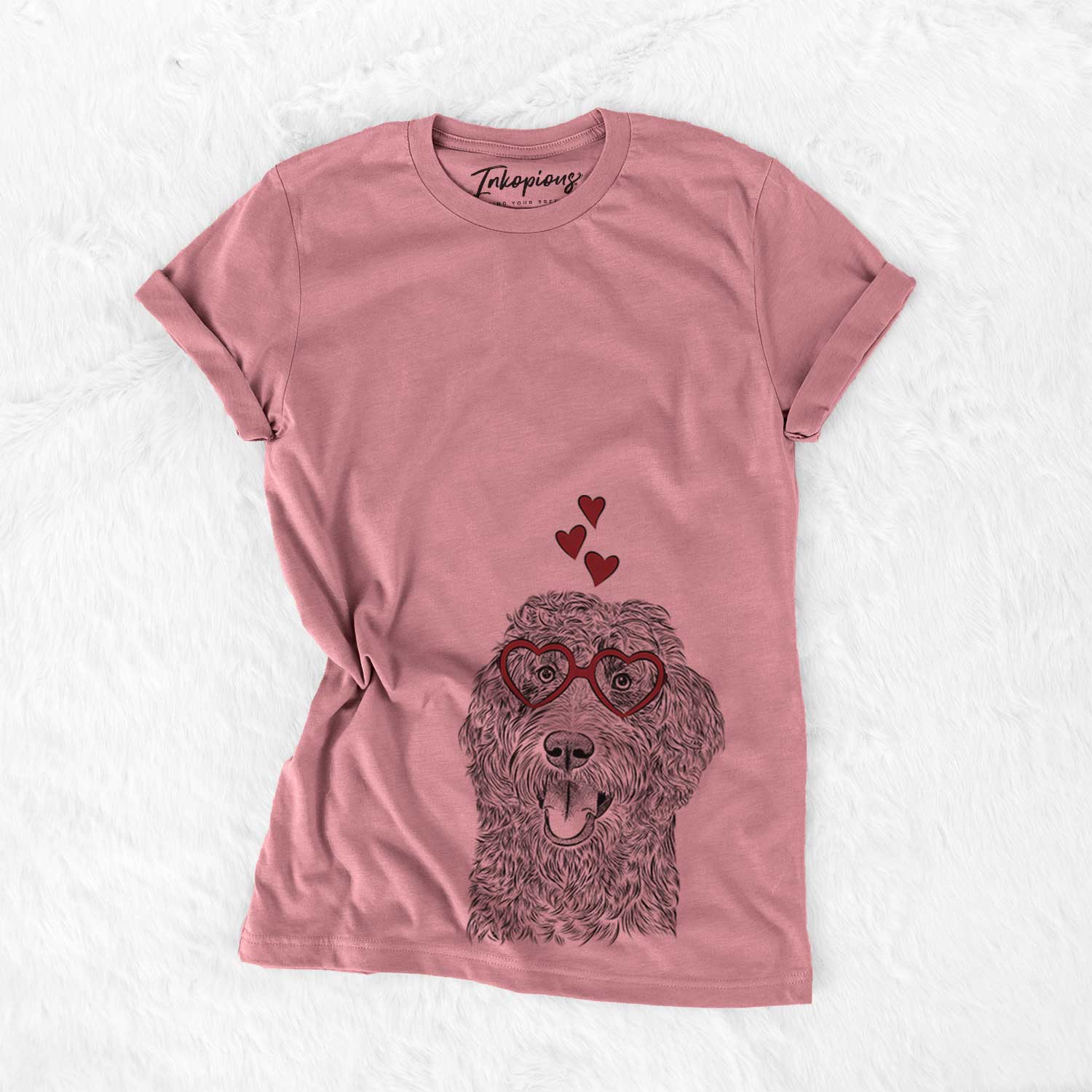 Hand-drawn sketch of Murr Dog the Labradoodle wearing heart-shaped glasses on a Mauve Bella Canvas Unisex Crewneck