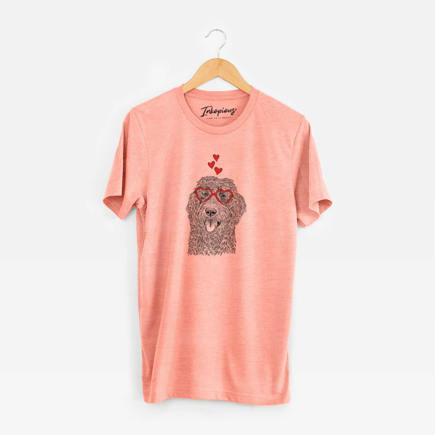 Hand-drawn sketch of Murr Dog the Labradoodle wearing heart-shaped glasses on a Sunset Unisex crewneck