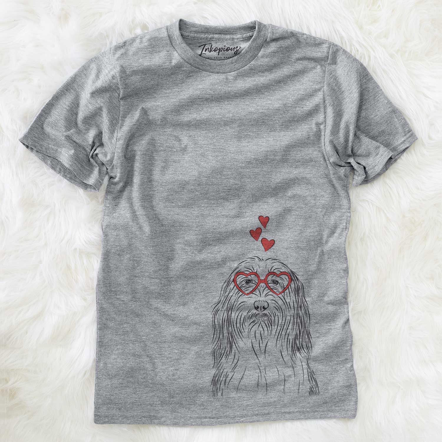 Hand-drawn sketch of Murray the Bearded Collie wearing heart-shaped glasses on a Grey Unisex crewneck