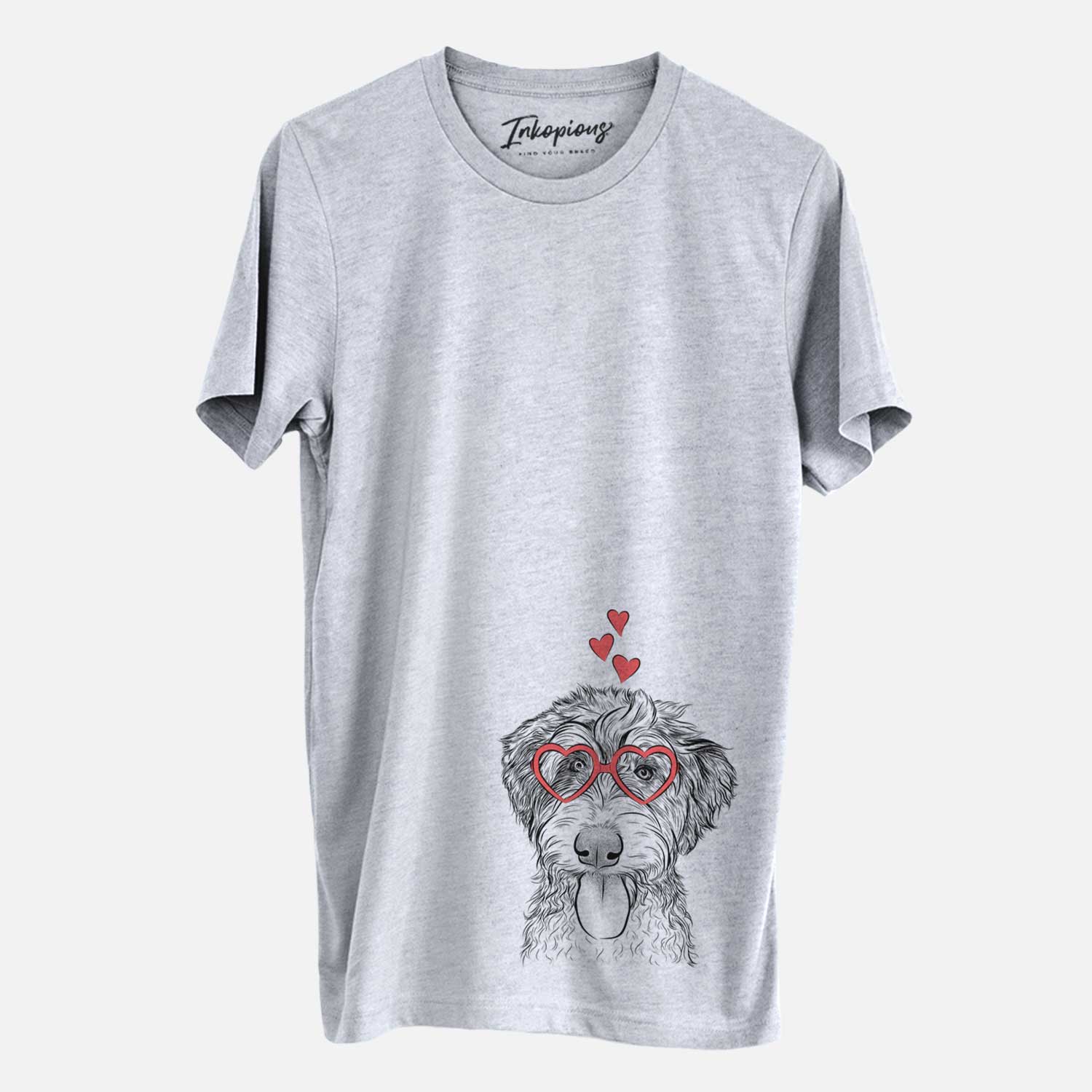 Hand-drawn sketch of Myrtle Mae the Aussiedoodle wearing heart-shaped glasses on a Grey Unisex crewneck