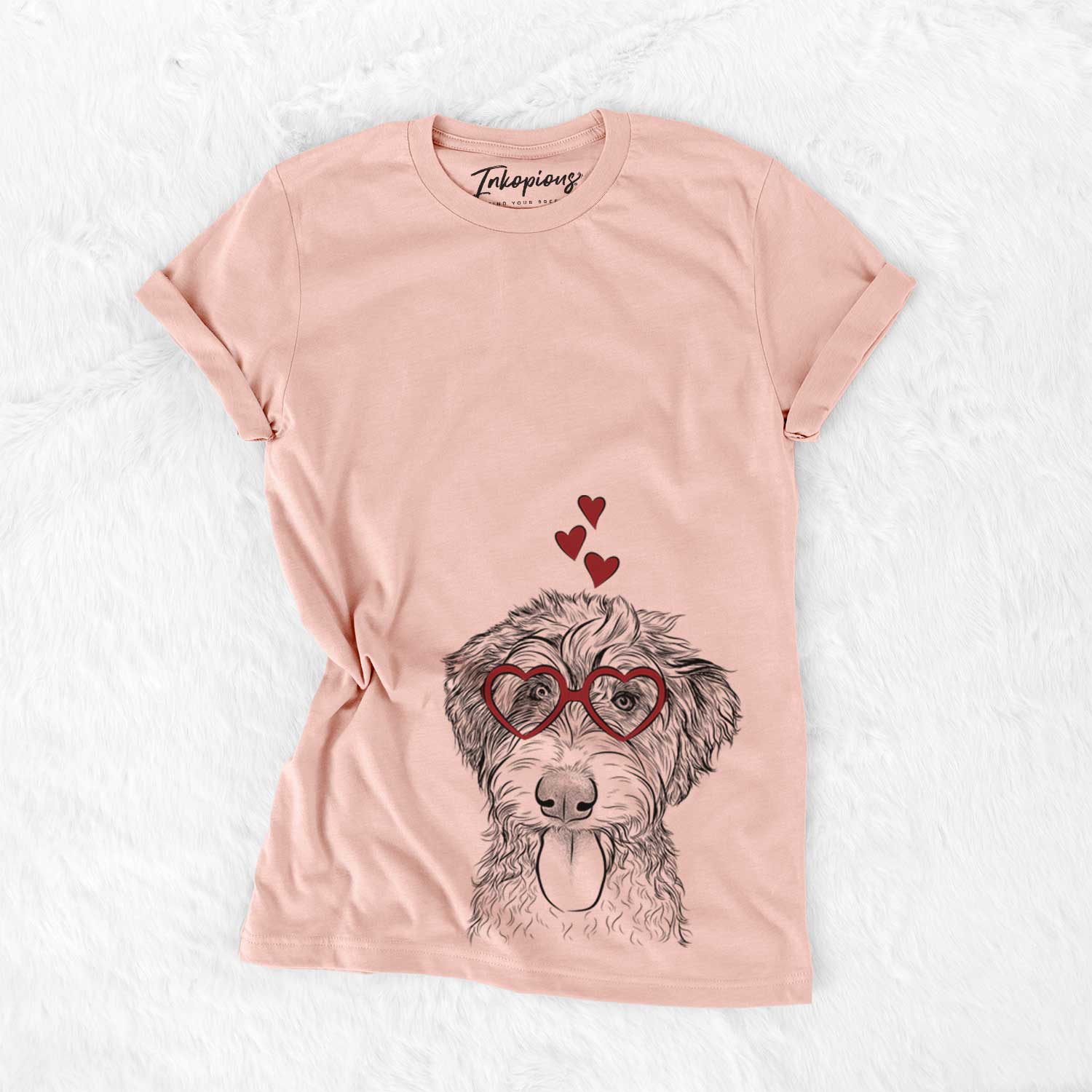 Hand-drawn sketch of Myrtle Mae the Aussiedoodle wearing heart-shaped glasses on a Peach Bella Canvas Unisex Crewneck