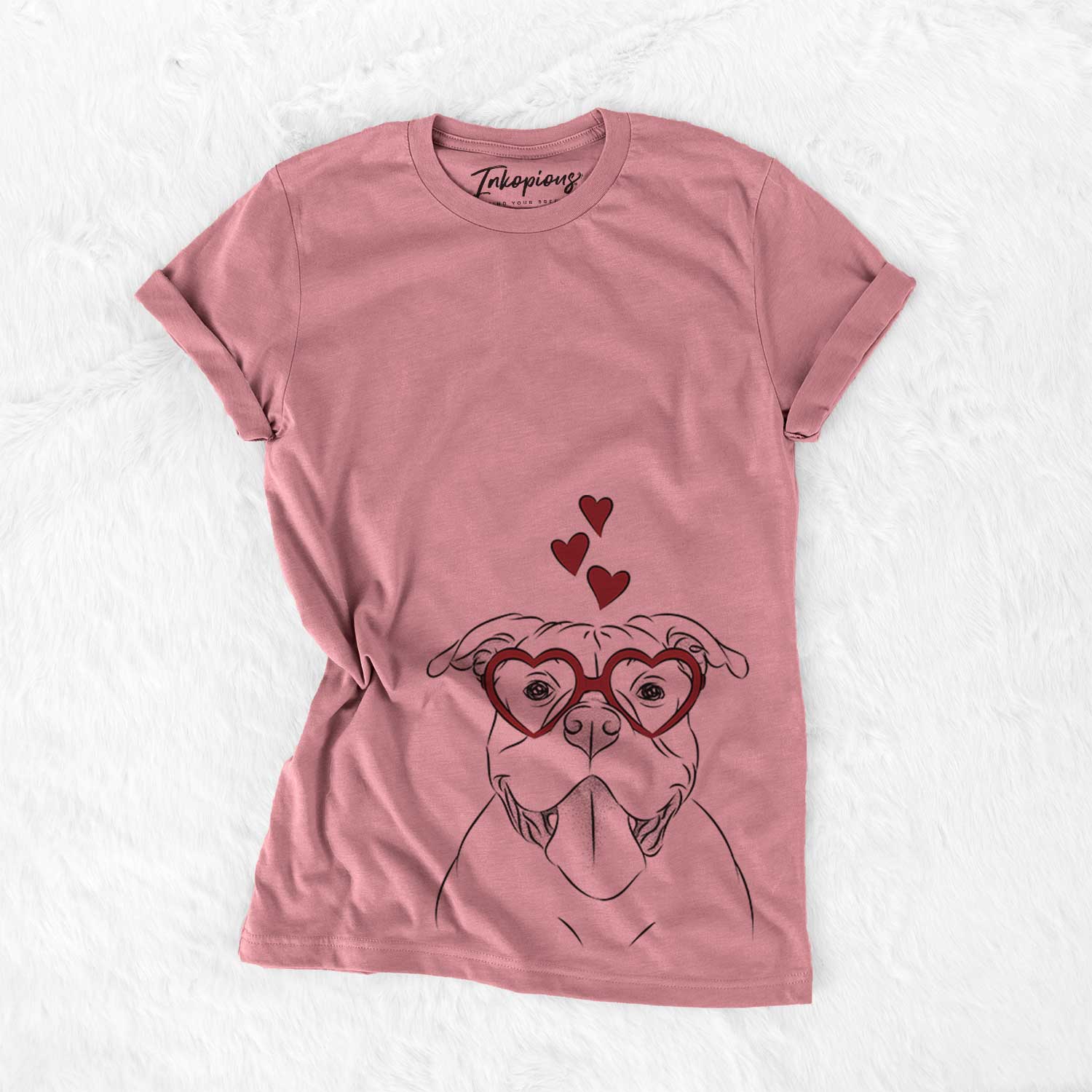 Hand-drawn sketch of Nacho the American Bully wearing heart-shaped glasses on a Mauve Bella Canvas Unisex Crewneck