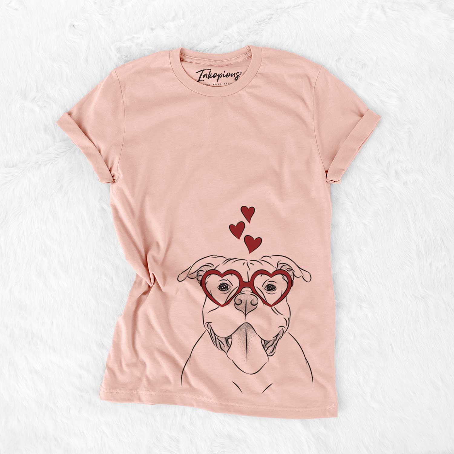 Hand-drawn sketch of Nacho the American Bully wearing heart-shaped glasses on a Peach Bella Canvas Unisex Crewneck