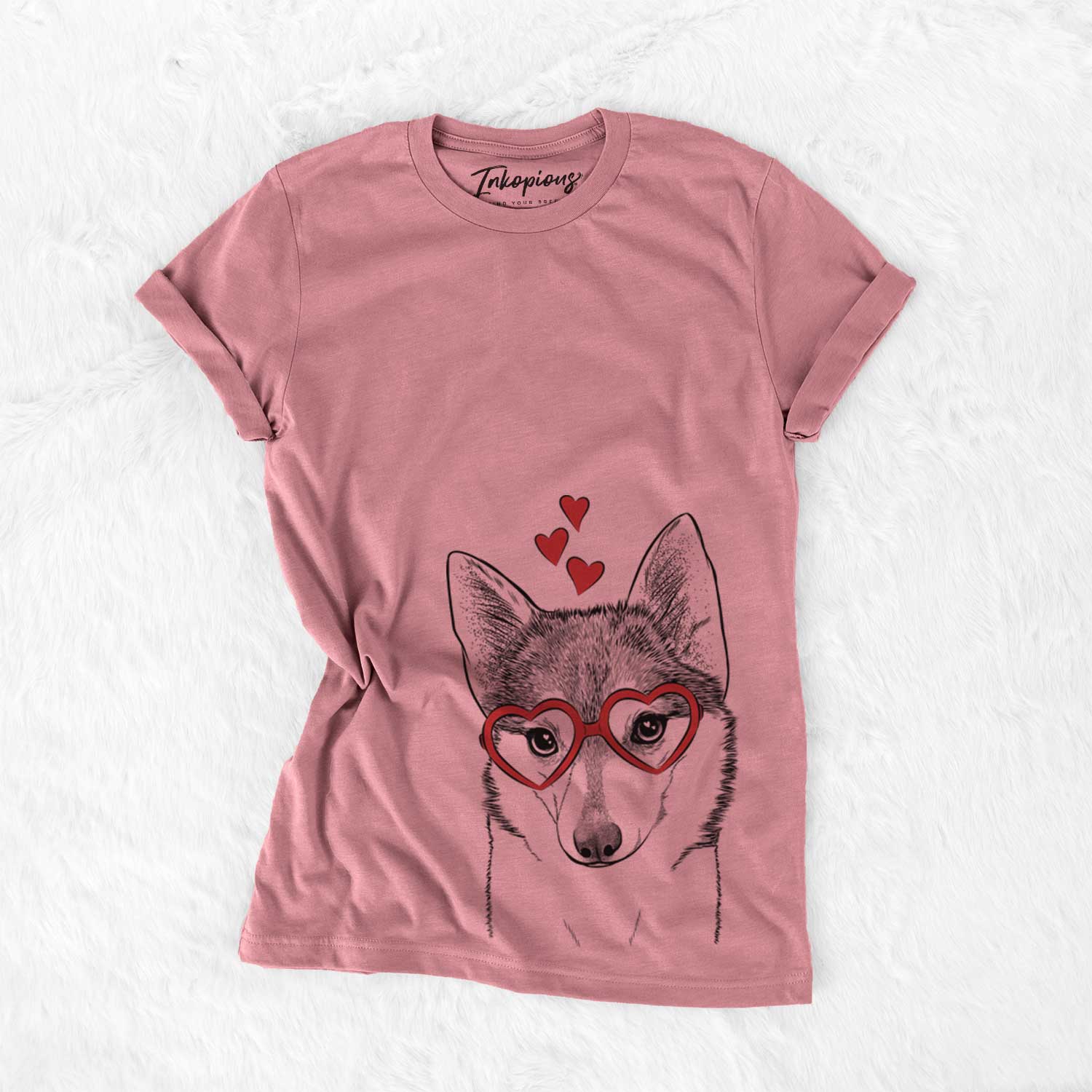 Hand-drawn sketch of Nami the Alaskan Klee Kai wearing heart-shaped glasses on a Mauve Bella Canvas Unisex Crewneck
