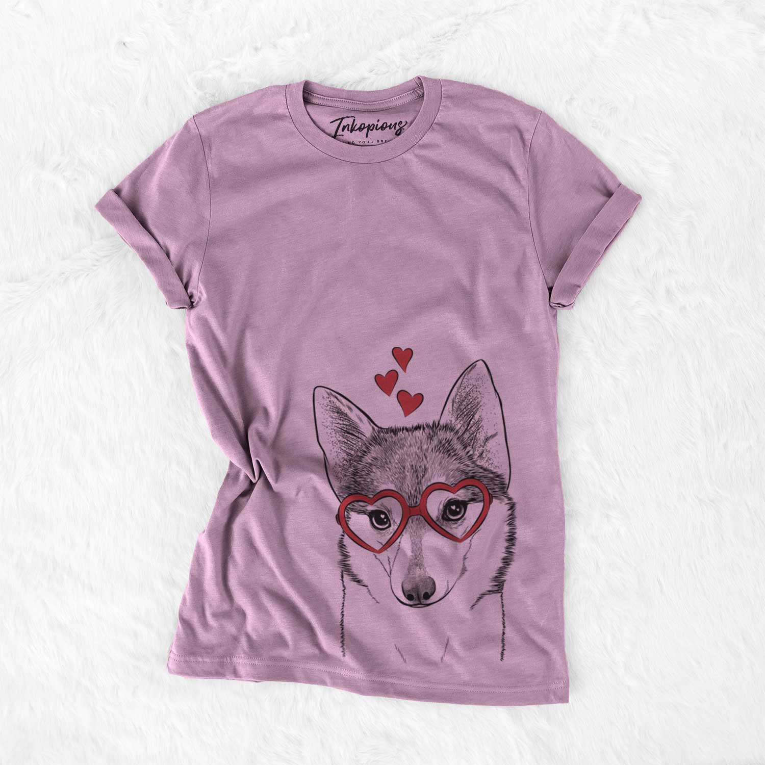 Hand-drawn sketch of Nami the Alaskan Klee Kai wearing heart-shaped glasses on an Orchid Bella Canvas Unisex Crewneck