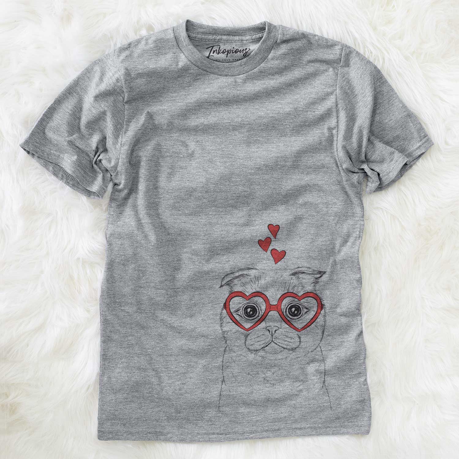 Hand-drawn sketch of Neko the Scottish Fold Cat wearing heart-shaped glasses on a Grey Unisex crewneck