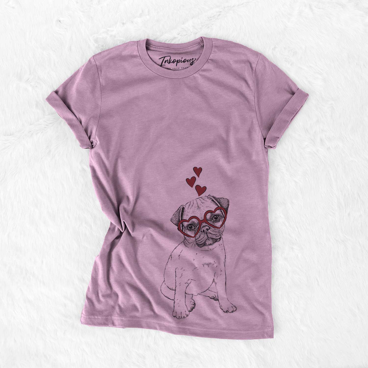 Hand-drawn sketch of Nelson the Pug Puppy wearing heart-shaped glasses on an Orchid Bella Canvas Unisex Crewneck