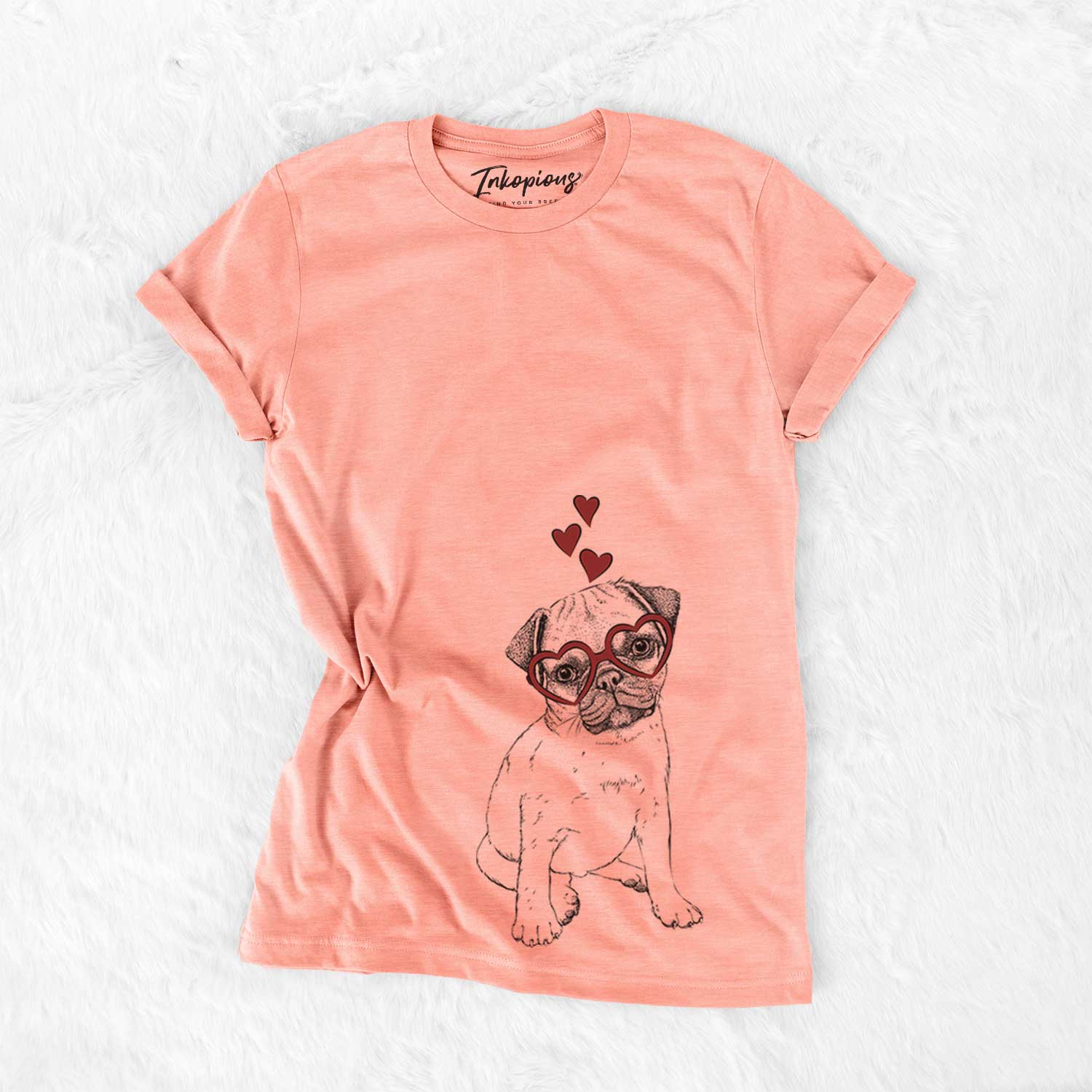 Hand-drawn sketch of Nelson the Pug Puppy wearing heart-shaped glasses on a Sunset Bella Canvas Unisex Crewneck