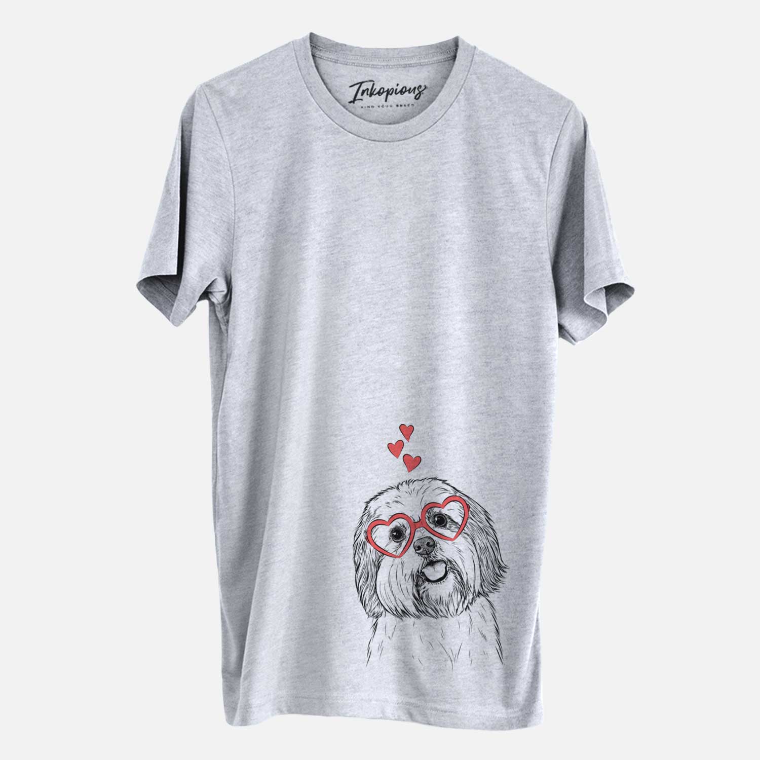 Hand-drawn sketch of Nikka the Lowchen wearing heart-shaped glasses on a Grey Unisex crewneck
