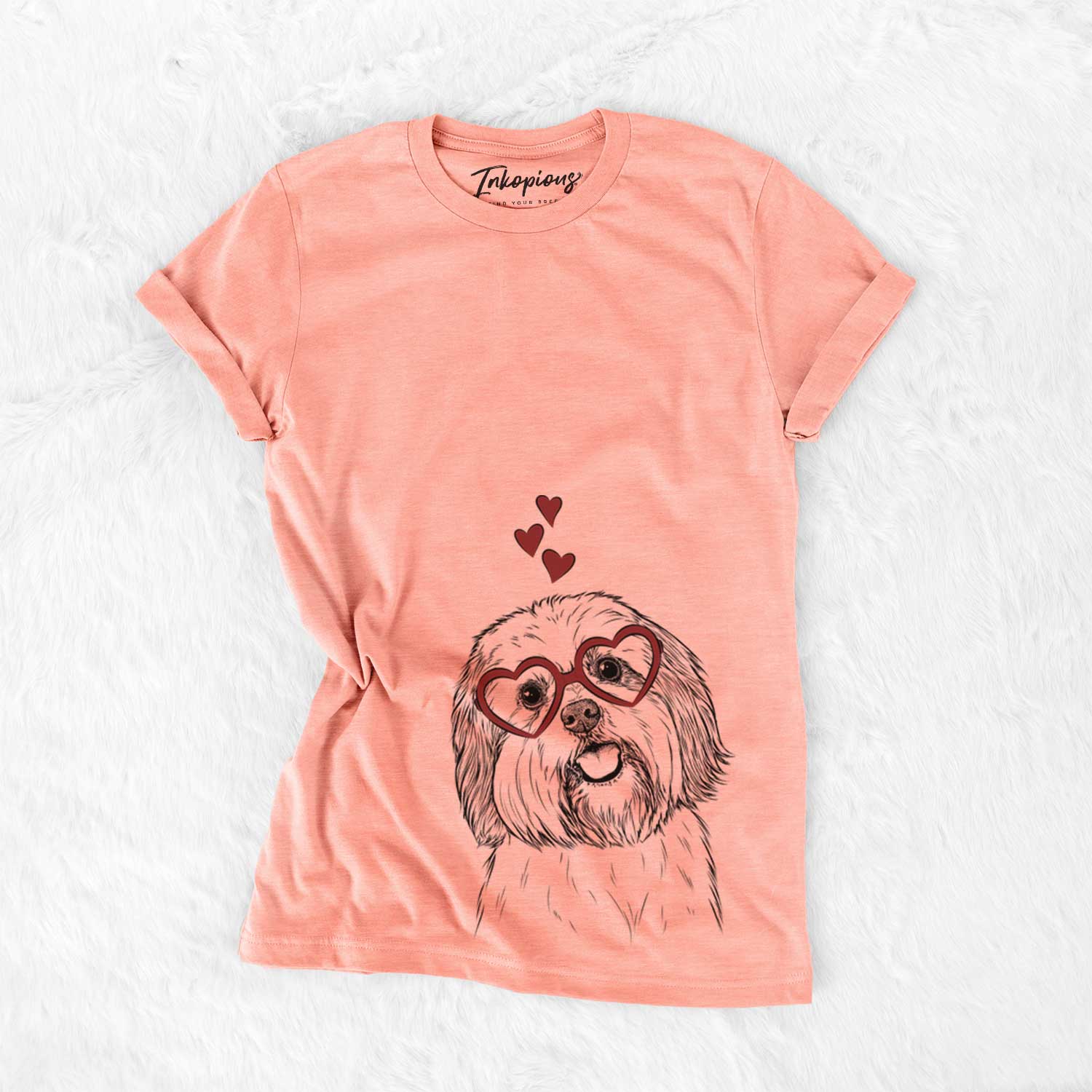 Hand-drawn sketch of Nikka the Lowchen wearing heart-shaped glasses on a Sunset Bella Canvas Unisex Crewneck