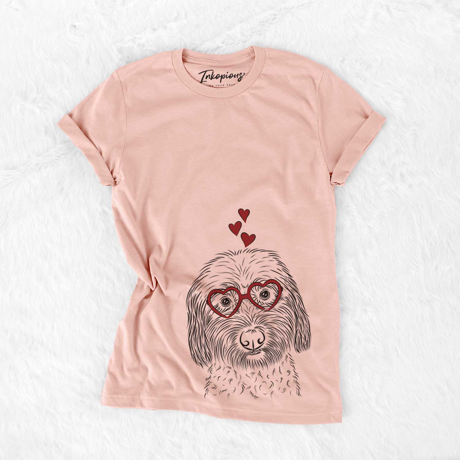 Hand-drawn sketch of Niles the Soft Coated Wheaten Terrier wearing heart-shaped glasses on a Peach Bella Canvas Unisex Crewneck