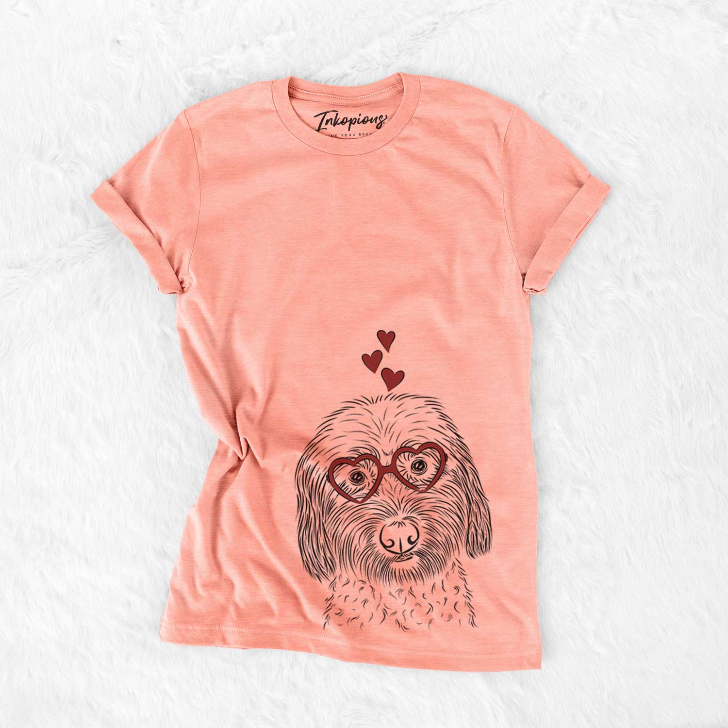 Hand-drawn sketch of Niles the Soft Coated Wheaten Terrier wearing heart-shaped glasses on a Sunset Bella Canvas Unisex Crewneck