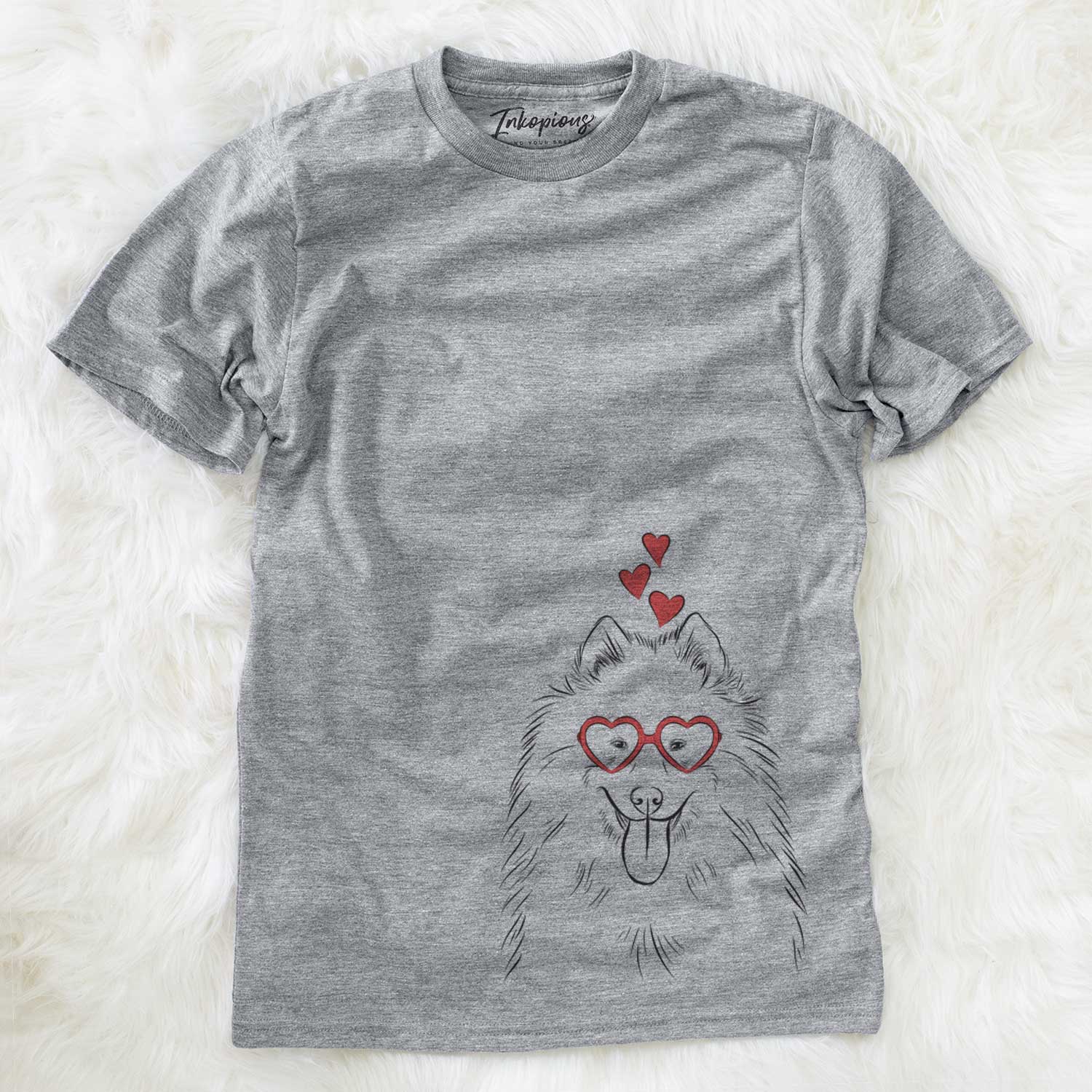 Hand-drawn sketch of Nova the Samoyed wearing heart-shaped glasses on a Grey Unisex crewneck