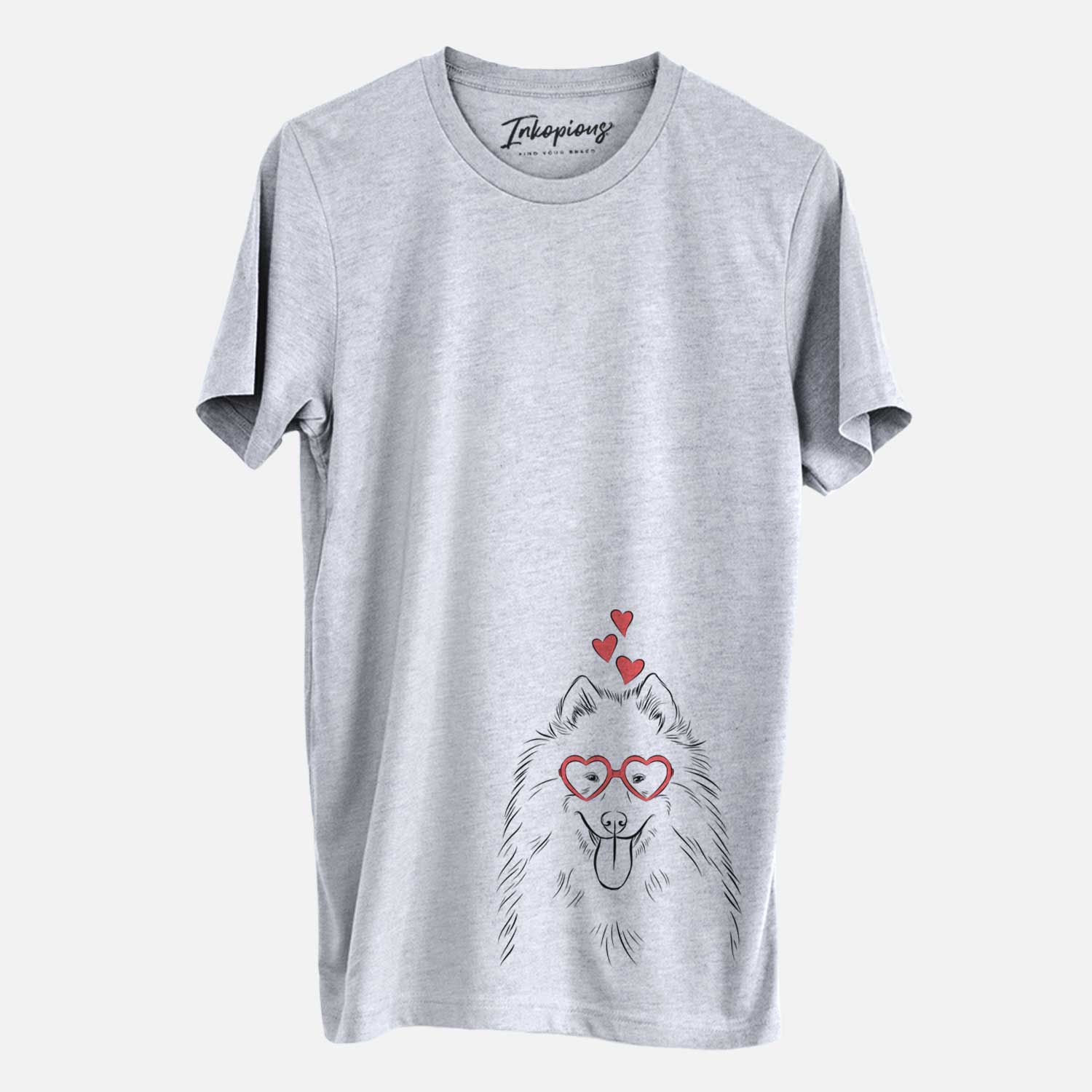 Hand-drawn sketch of Nova the Samoyed wearing heart-shaped glasses on a Grey Unisex crewneck