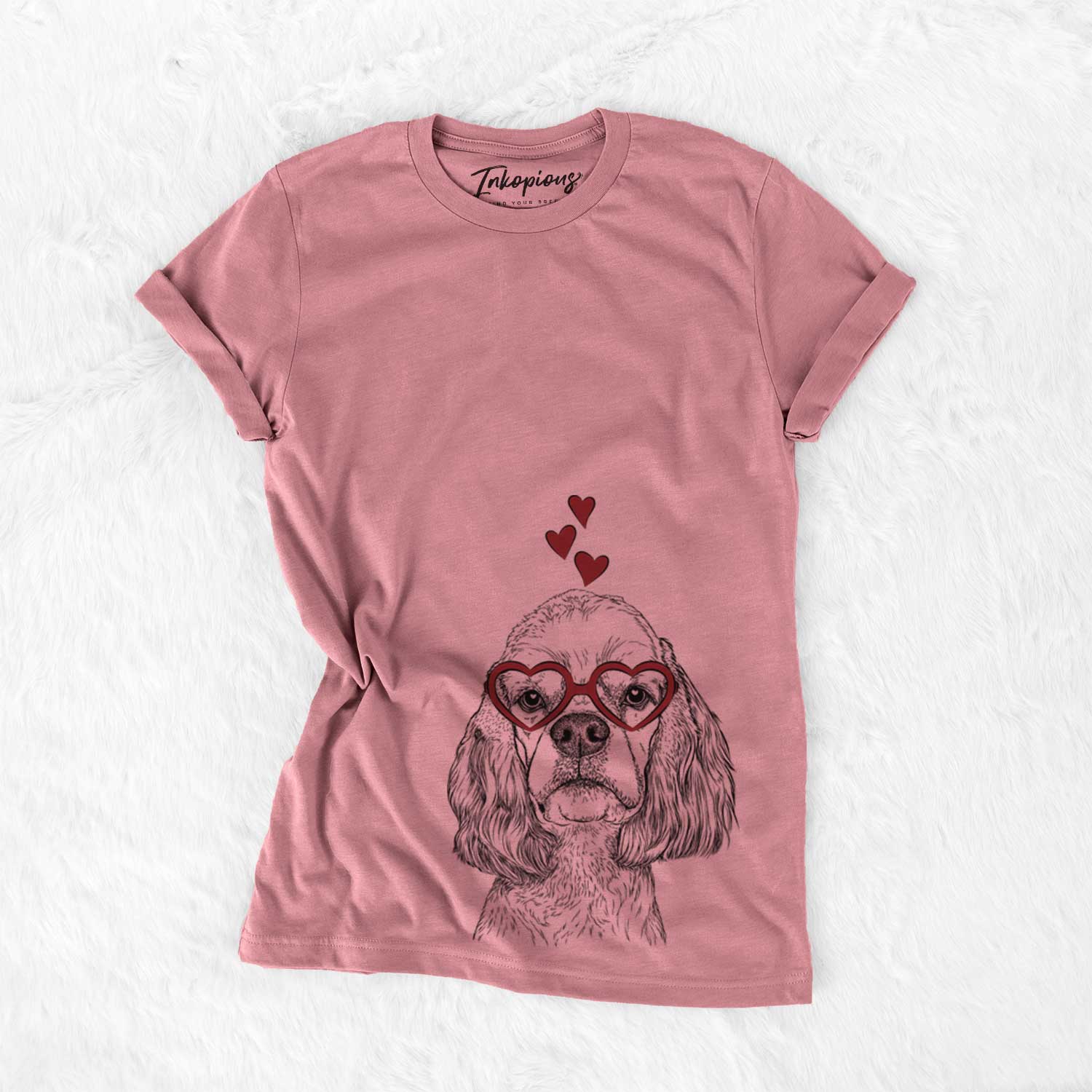 Hand-drawn sketch of Oakley the American Cocker Spaniel wearing heart-shaped glasses on a Mauve Bella Canvas Unisex Crewneck