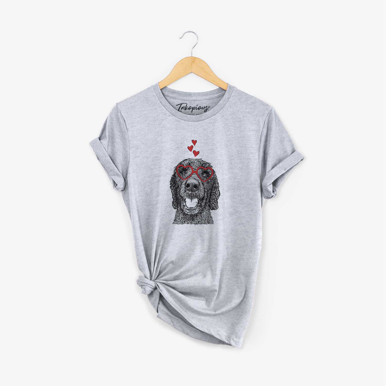 Hand-drawn sketch of Obi James the Goldendoodle wearing heart-shaped glasses on a Grey Unisex crewneck