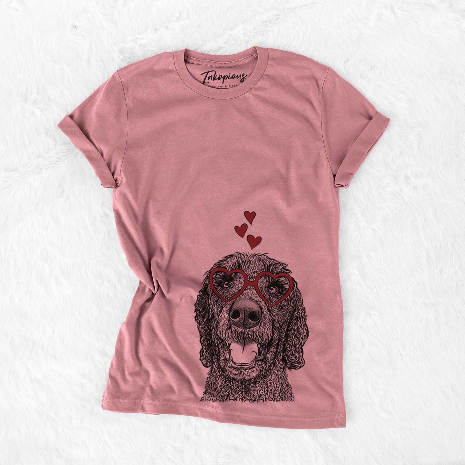 Hand-drawn sketch of Obi James the Goldendoodle wearing heart-shaped glasses on a Mauve Bella Canvas Unisex Crewneck