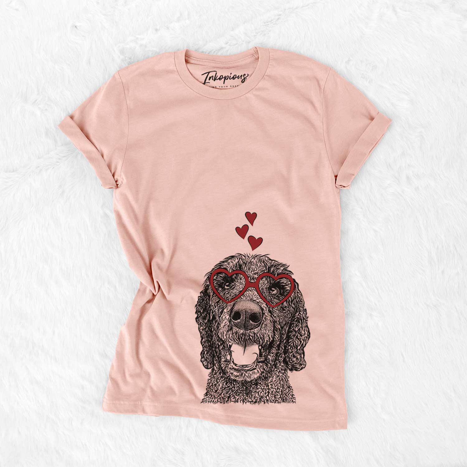 Hand-drawn sketch of Obi James the Goldendoodle wearing heart-shaped glasses on a Peach Bella Canvas Unisex Crewneck