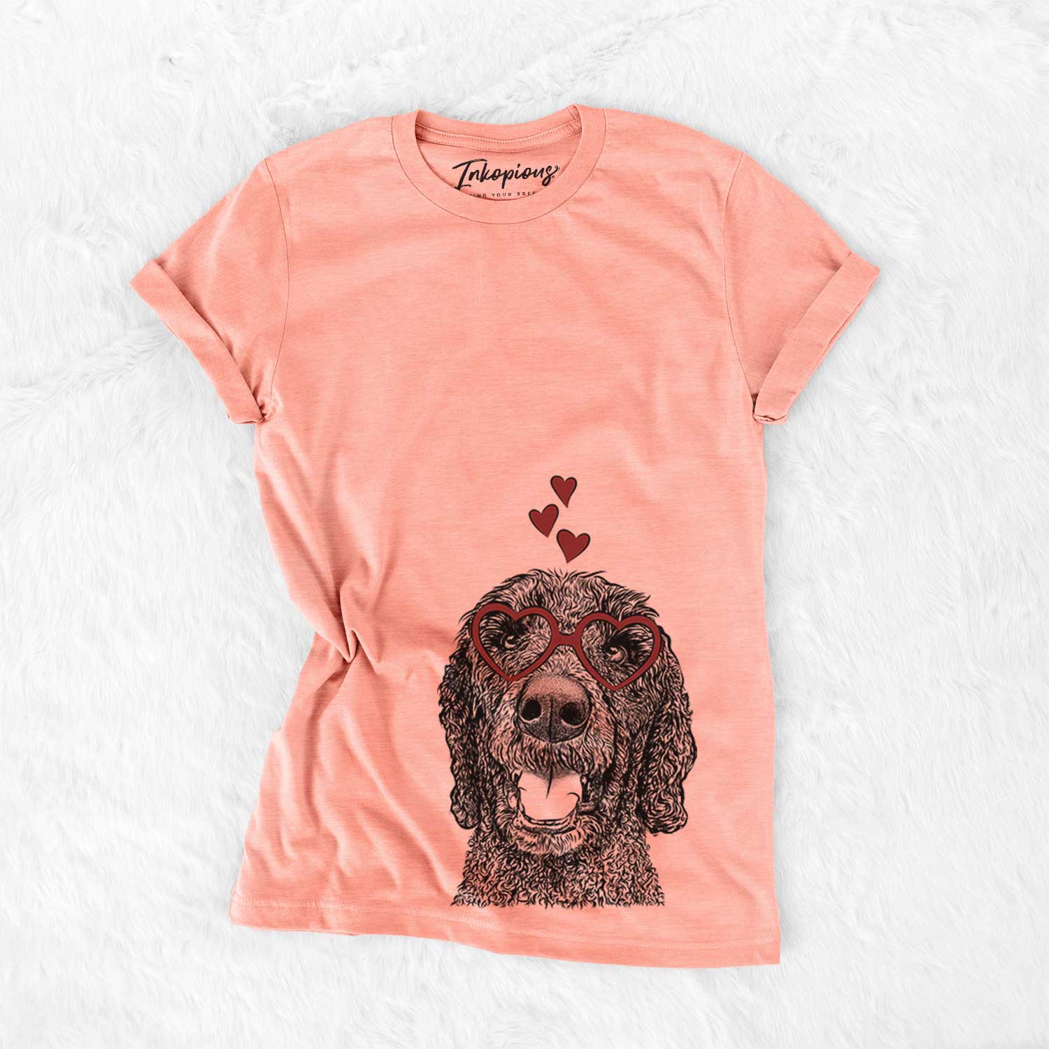 Hand-drawn sketch of Obi James the Goldendoodle wearing heart-shaped glasses on a Sunset Bella Canvas Unisex Crewneck