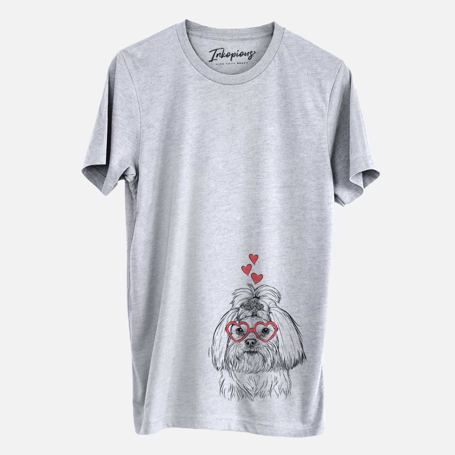 Hand-drawn sketch of Olga the Shih Tzu wearing heart-shaped glasses on a Grey Unisex crewneck