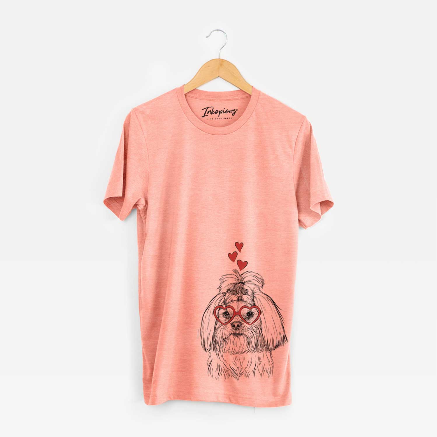 Hand-drawn sketch of Olga the Shih Tzu wearing heart-shaped glasses on a Sunset Unisex crewneck