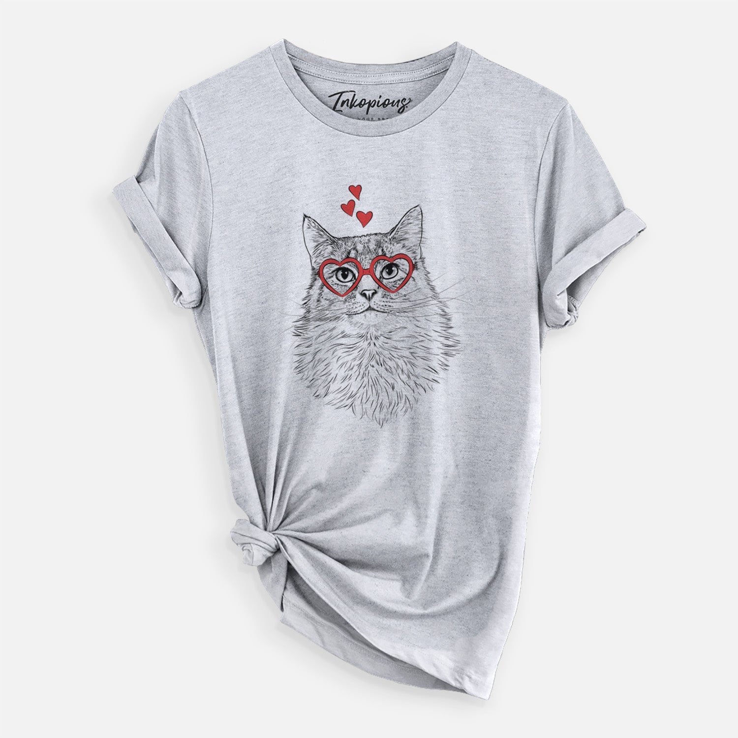 Hand-drawn sketch of Olive the Cat wearing heart-shaped glasses on a Grey Unisex crewneck