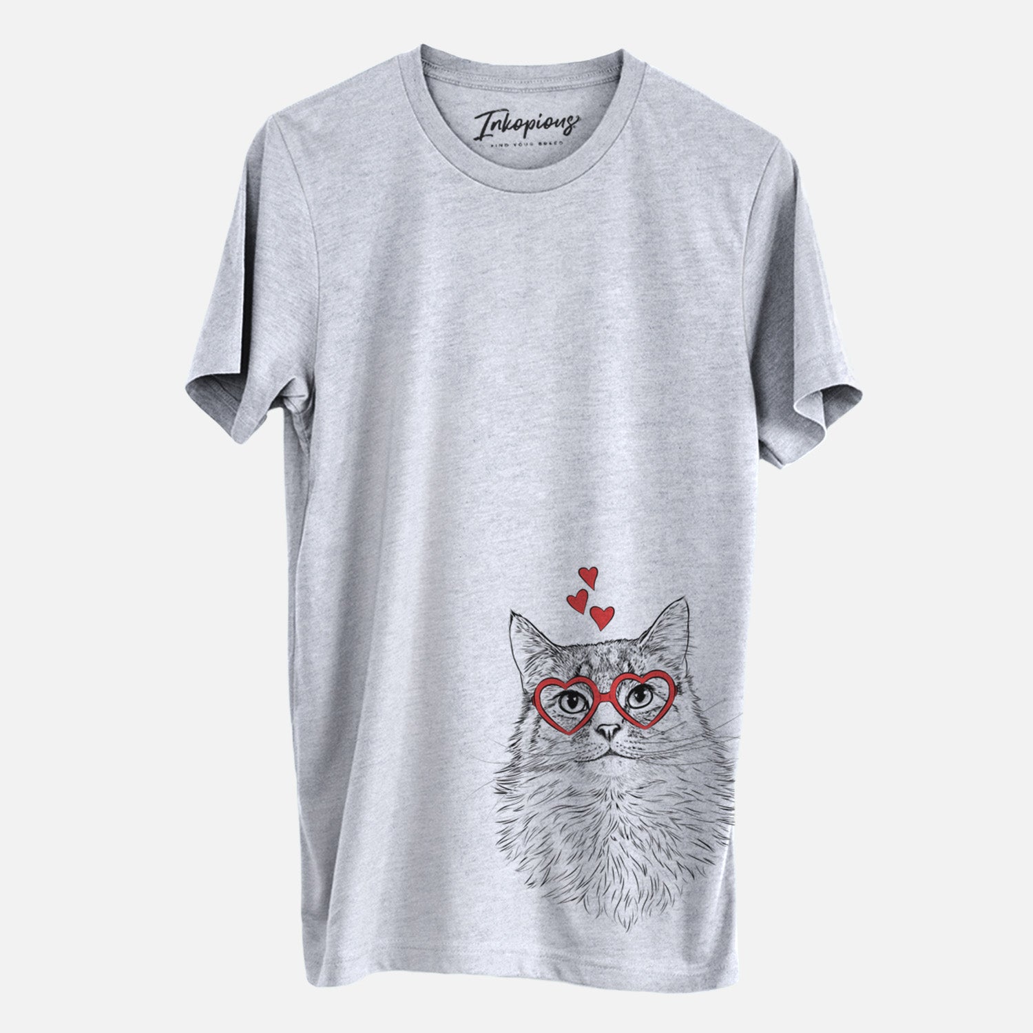 Hand-drawn sketch of Olive the Cat wearing heart-shaped glasses on a Grey Unisex crewneck
