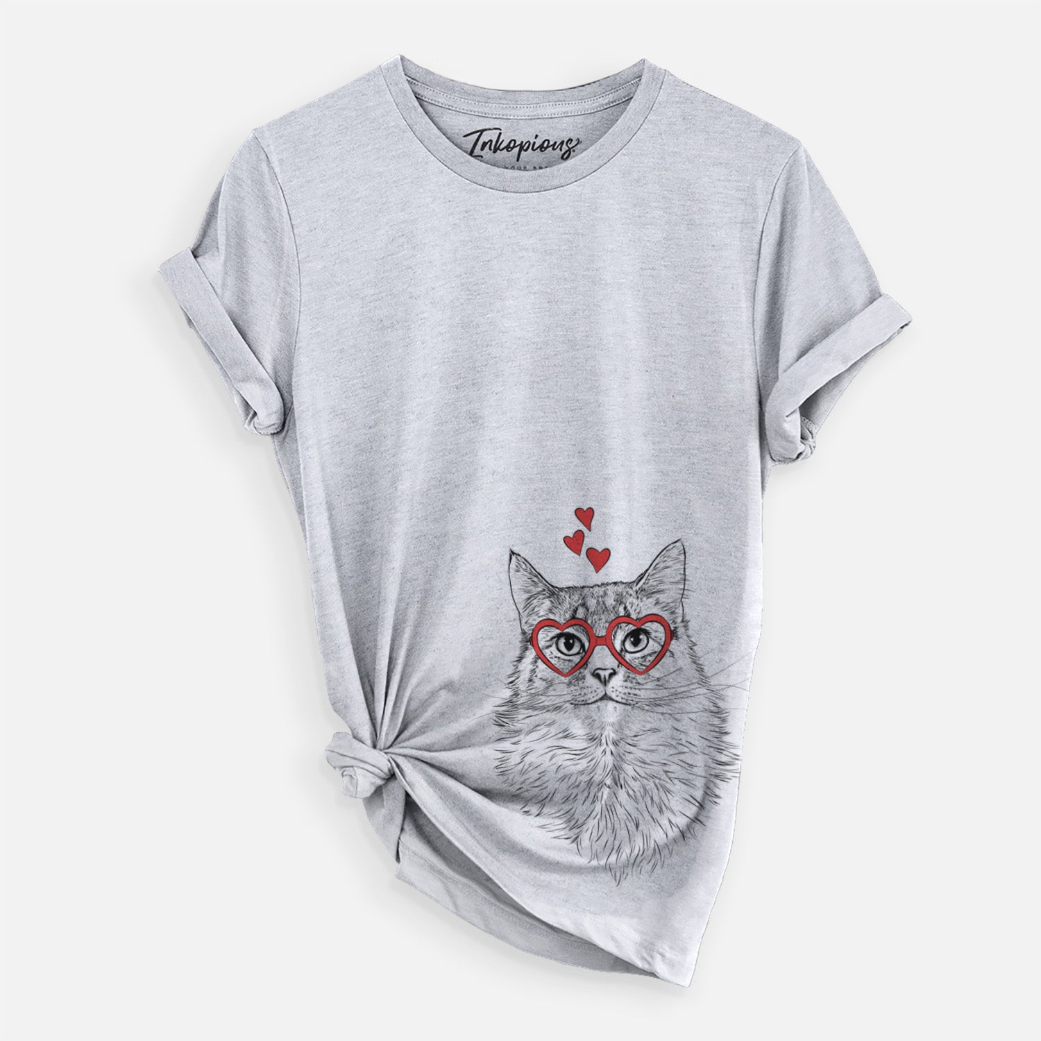 Hand-drawn sketch of Olive the Cat wearing heart-shaped glasses on a Grey Unisex crewneck