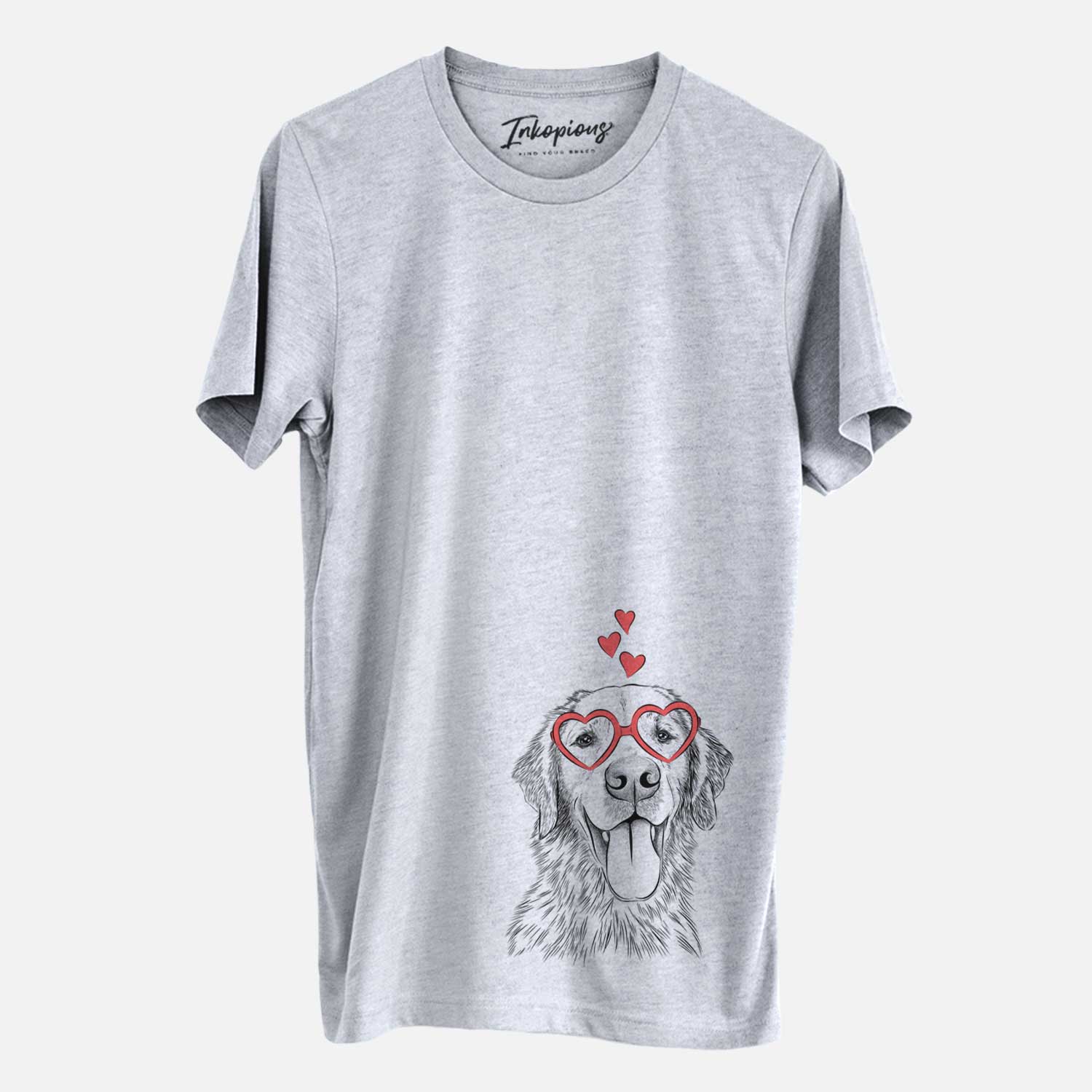 Hand-drawn sketch of Oliver Tredup the Golden Retriever wearing heart-shaped glasses on a Grey Unisex crewneck
