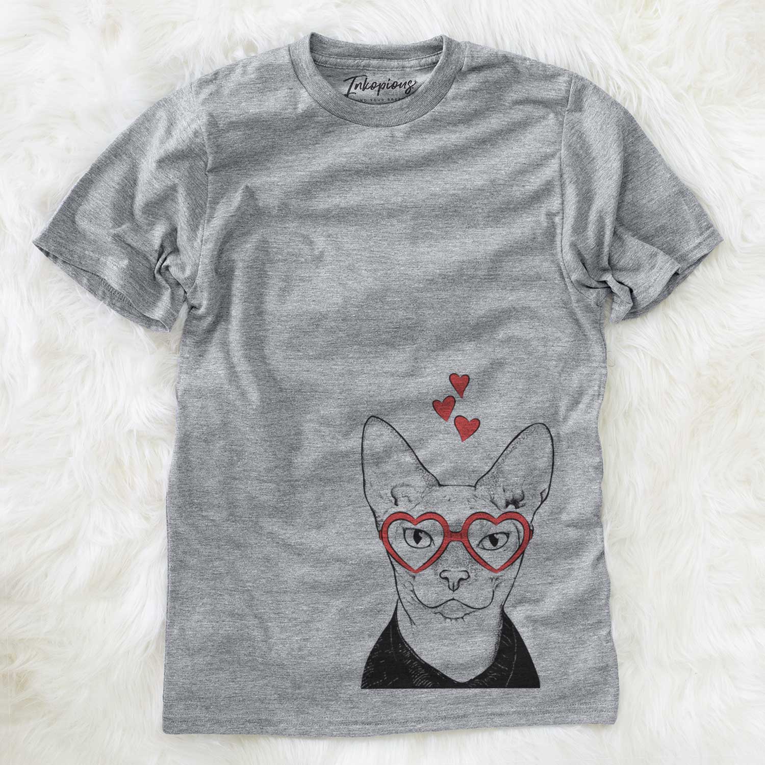 Hand-drawn sketch of Oliver Watson the Sphynx Cat wearing heart-shaped glasses on a Grey Unisex crewneck