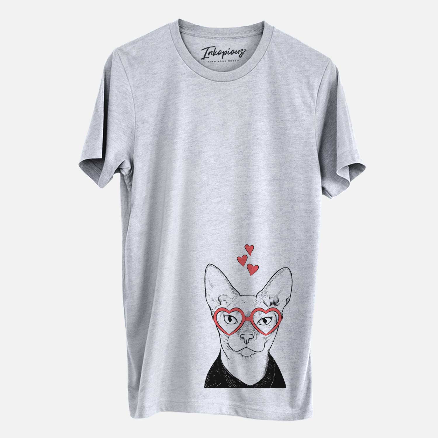 Hand-drawn sketch of Oliver Watson the Sphynx Cat wearing heart-shaped glasses on a Grey Unisex crewneck