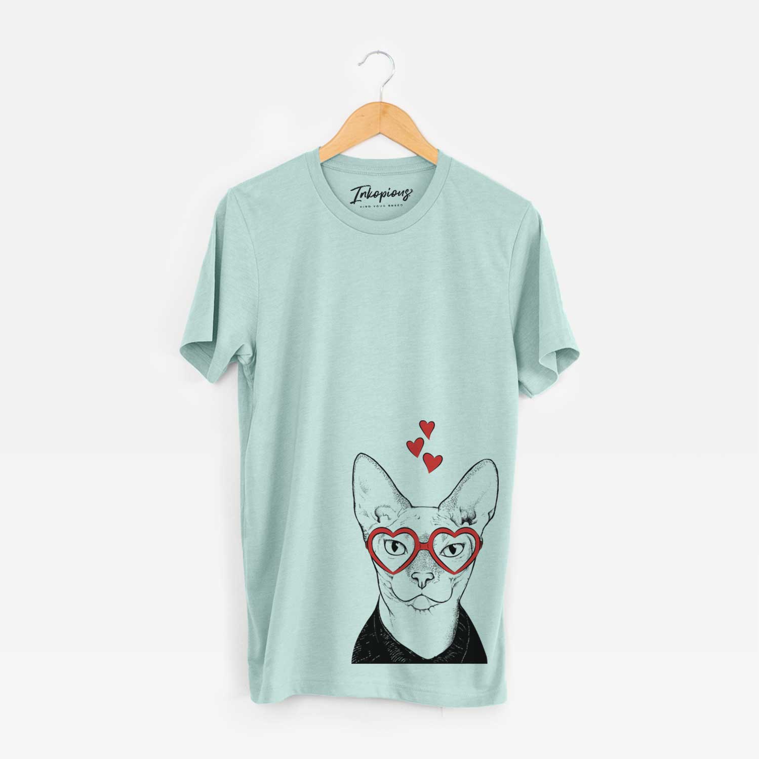 Hand-drawn sketch of Oliver Watson the Sphynx Cat wearing heart-shaped glasses on a Heather Sage Unisex crewneck