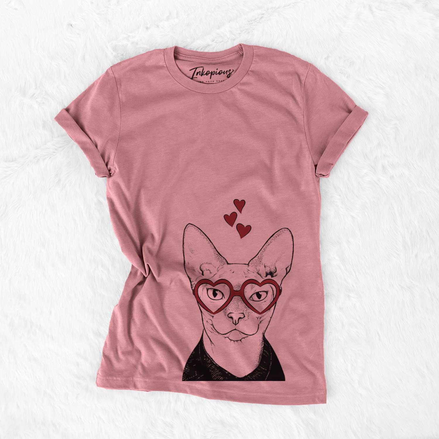 Hand-drawn sketch of Oliver Watson the Sphynx Cat wearing heart-shaped glasses on a Mauve Bella Canvas Unisex Crewneck
