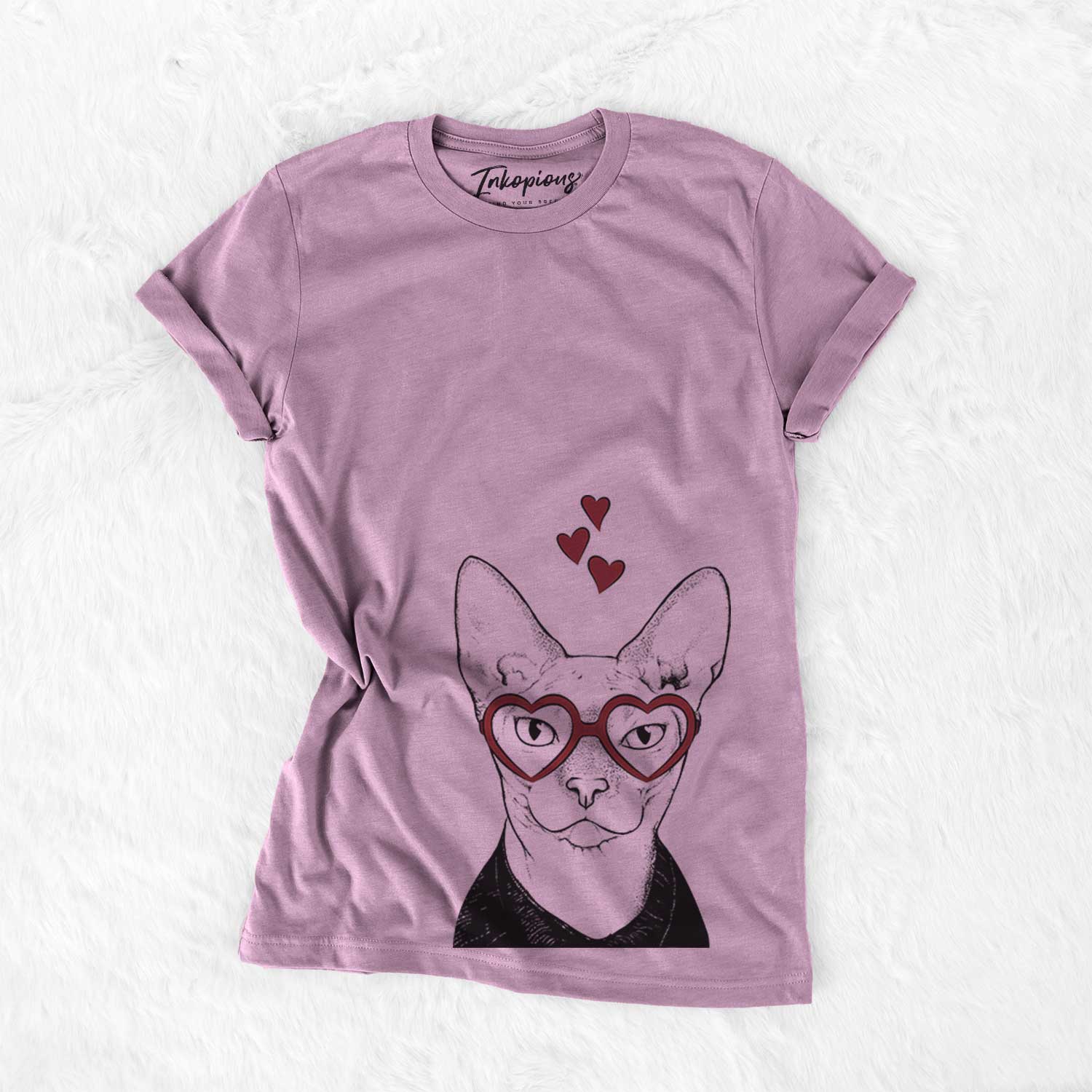 Hand-drawn sketch of Oliver Watson the Sphynx Cat wearing heart-shaped glasses on an Orchid Bella Canvas Unisex Crewneck