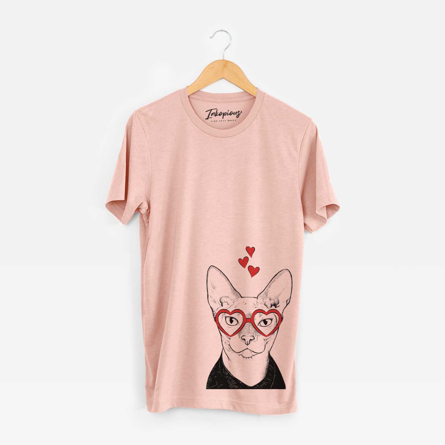 Hand-drawn sketch of Oliver Watson the Sphynx Cat wearing heart-shaped glasses on a Peach Unisex crewneck
