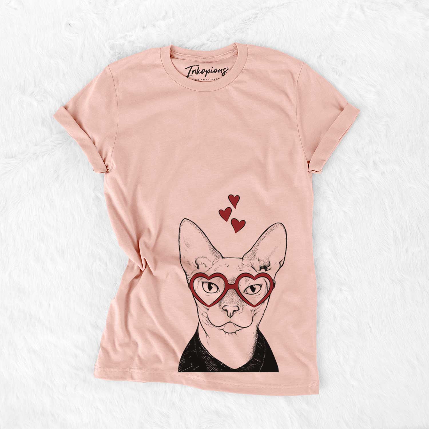 Hand-drawn sketch of Oliver Watson the Sphynx Cat wearing heart-shaped glasses on a Peach Bella Canvas Unisex Crewneck