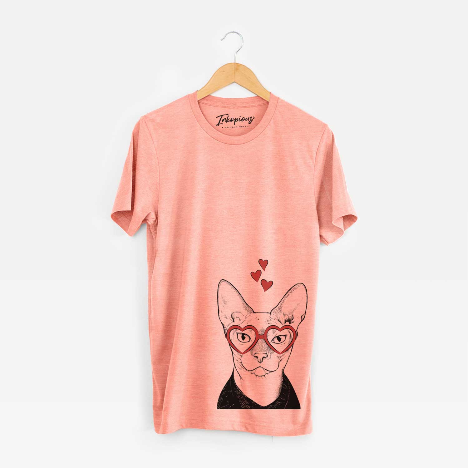 Hand-drawn sketch of Oliver Watson the Sphynx Cat wearing heart-shaped glasses on a Sunset Unisex crewneck