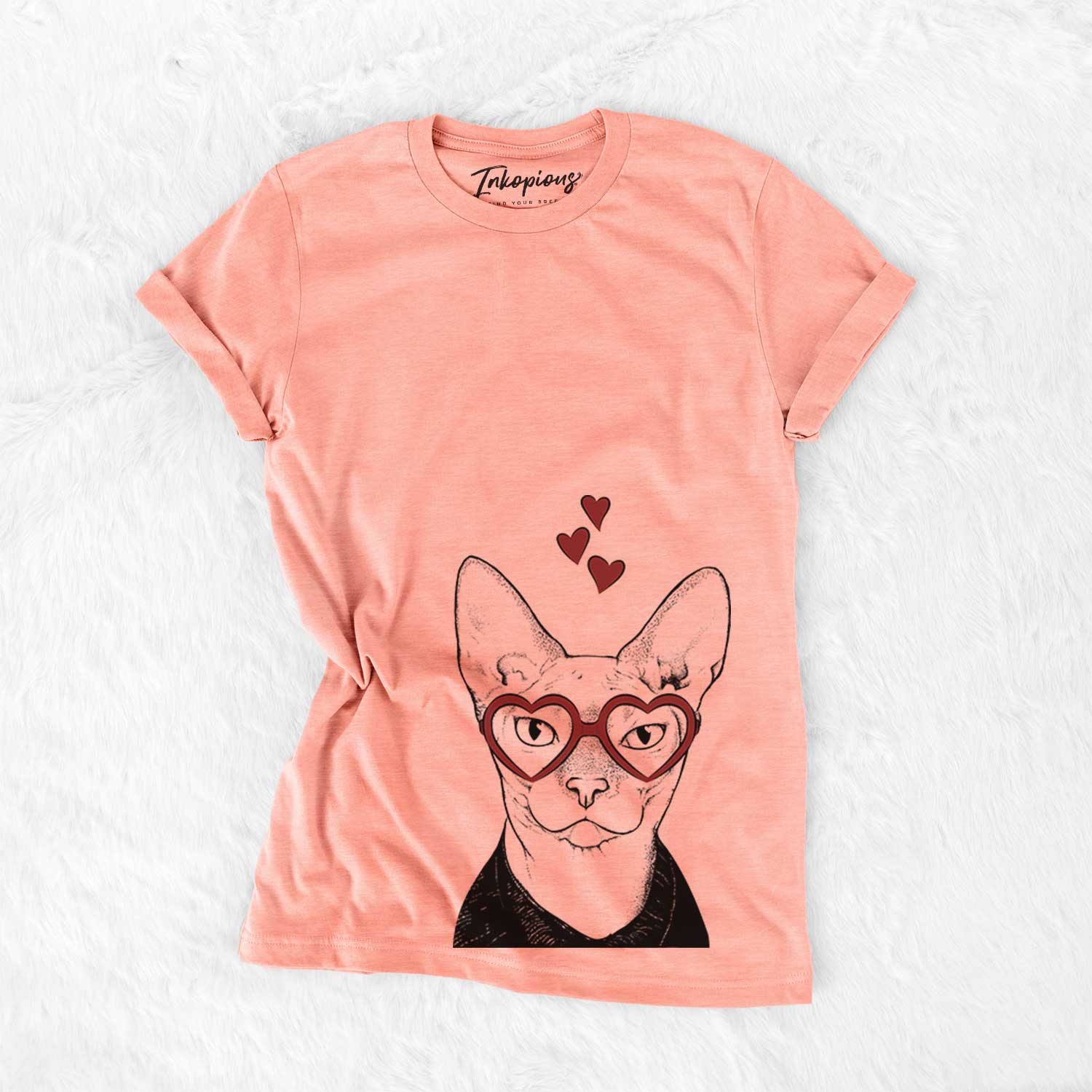 Hand-drawn sketch of Oliver Watson the Sphynx Cat wearing heart-shaped glasses on a Sunset Bella Canvas Unisex Crewneck