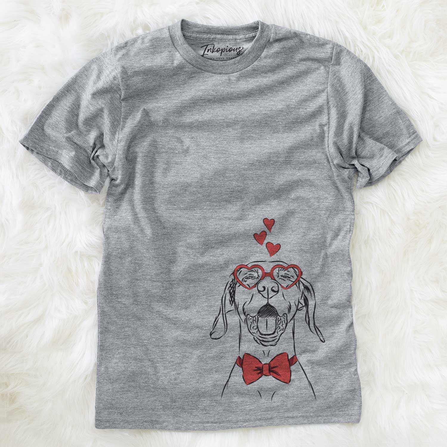 Hand-drawn sketch of Ollie the Vizsla wearing heart-shaped glasses on a Grey Unisex crewneck